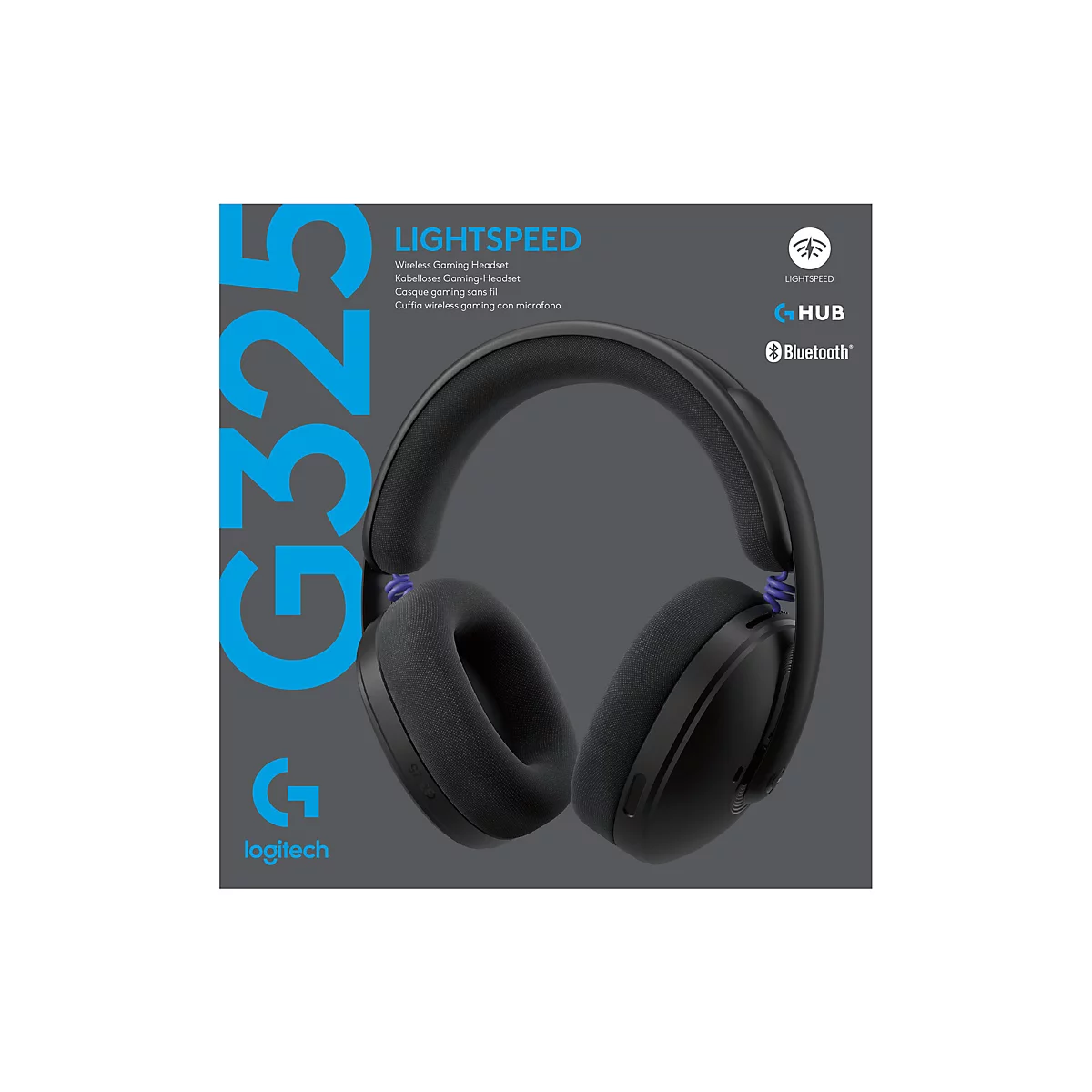 Logitech G325 Gaming-Headset auf grauer Produktverpackung mit blauem Schriftzug.