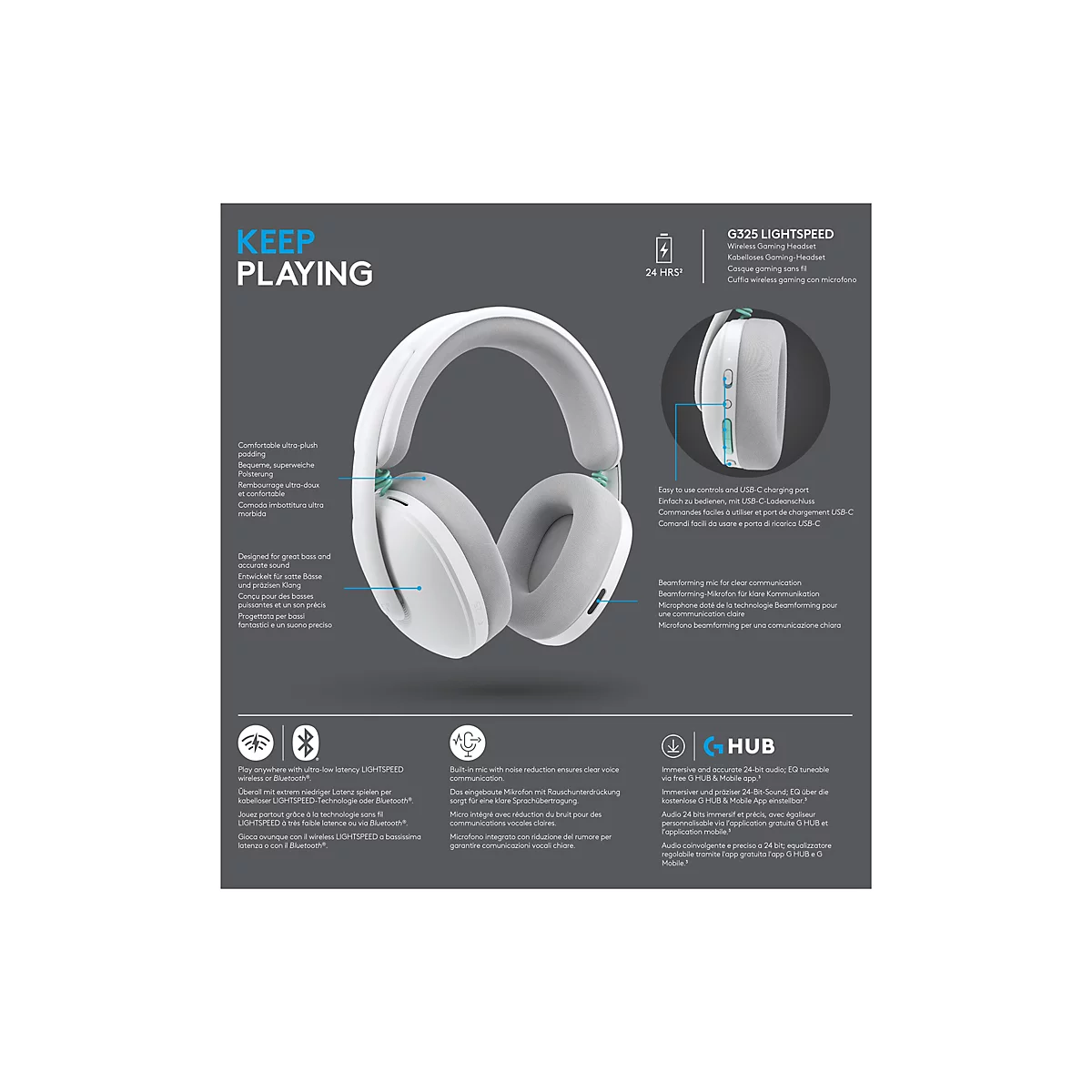Weißes G325 LIGHTSPEED Gaming-Headset mit detaillierten Produktinfos zu Features und Funktionen.