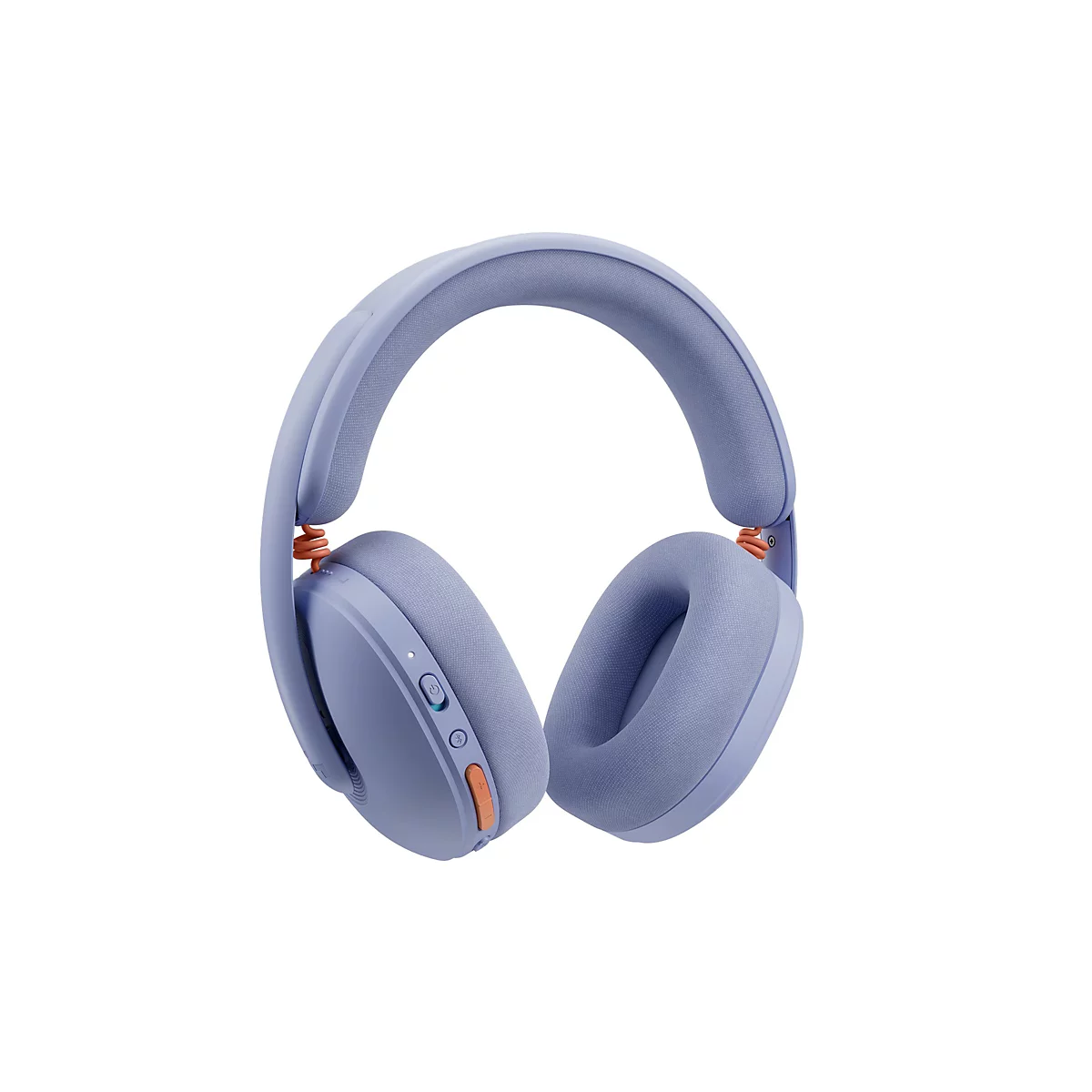 Hellblaue kabellose Kopfhörer. Ohrmuscheln und Kopfbügel sind gepolstert. Die Bedienelemente sind orange.
