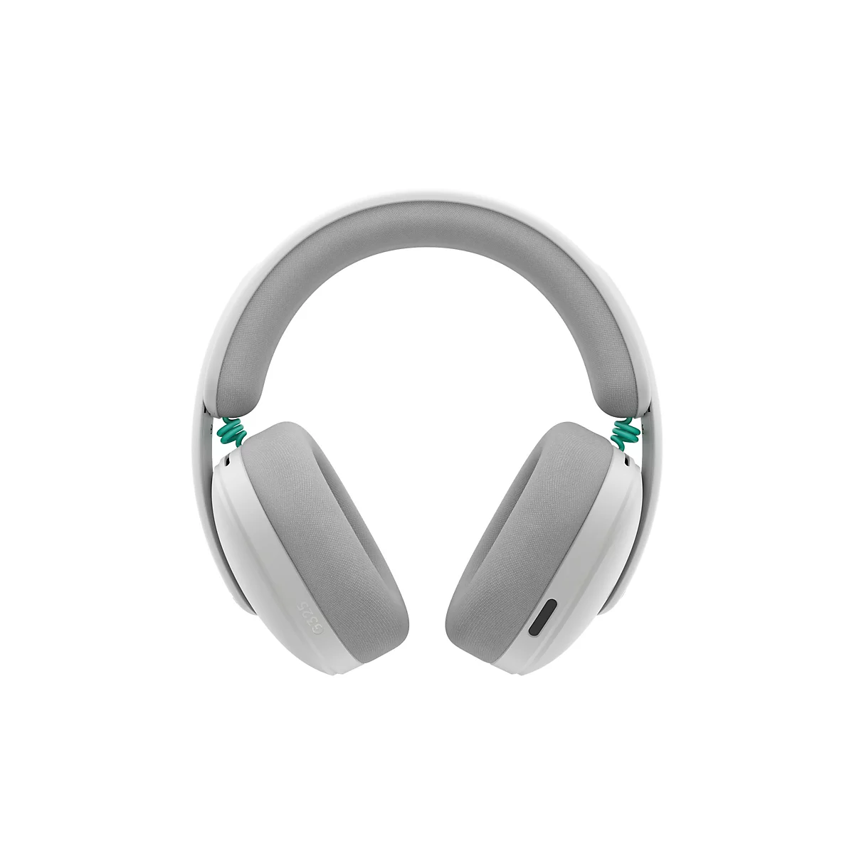Hellweiße Kopfhörer, graue Ohrmuscheln und Kopfbügel, mintgrüne Kabel. G325 Schriftzug auf der Ohrmuschel.