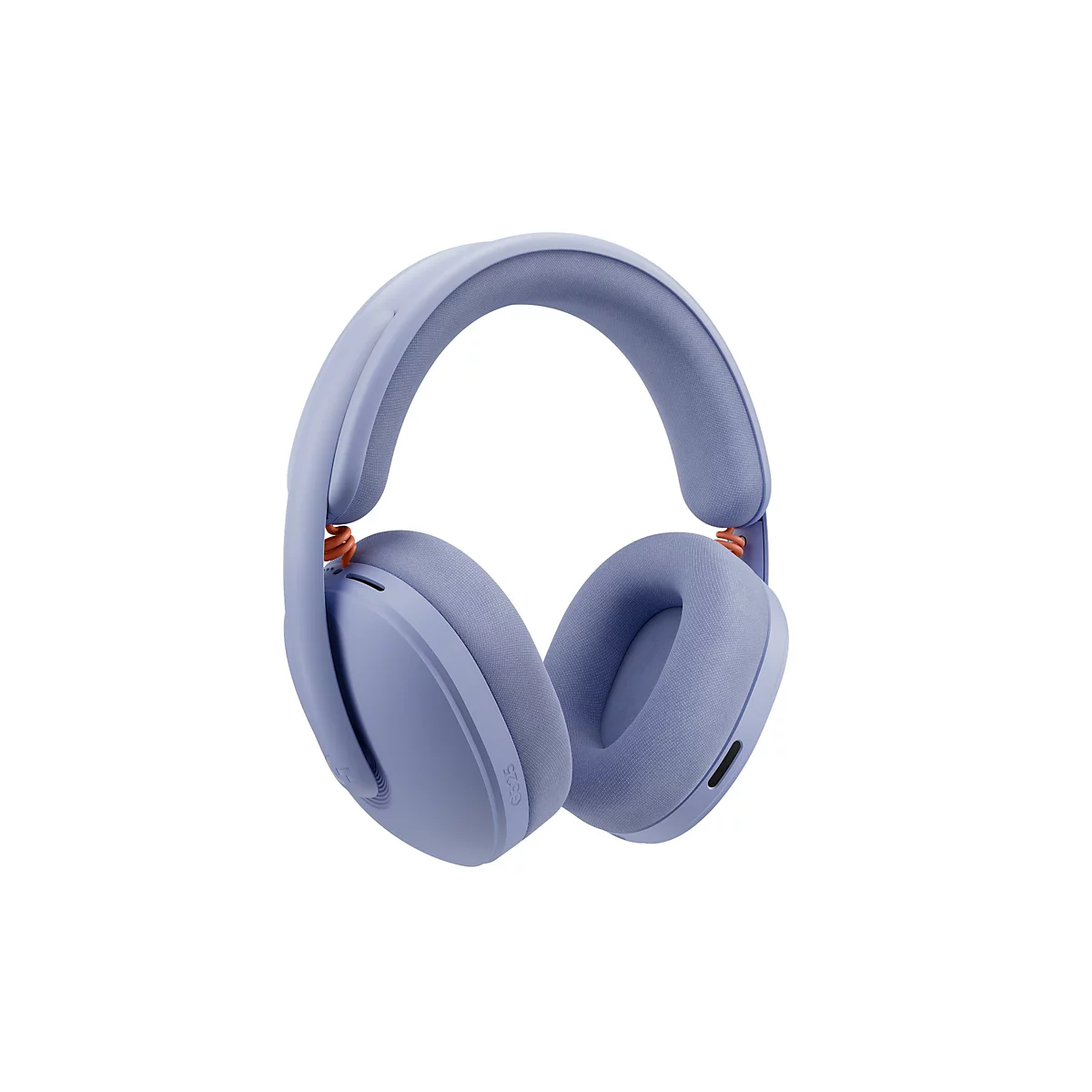 Hellblaue kabellose Kopfhörer, Detailansicht. Die Ohrmuscheln und der Kopfbügel sind mit einem strukturierten Stoff überzogen.