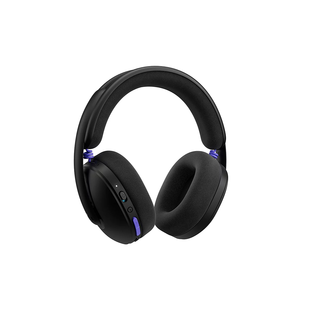 Schwarzer Kopfhörer mit blauen Akzenten, die Bügel und Knöpfe sind blau, vor weißem Hintergrund.