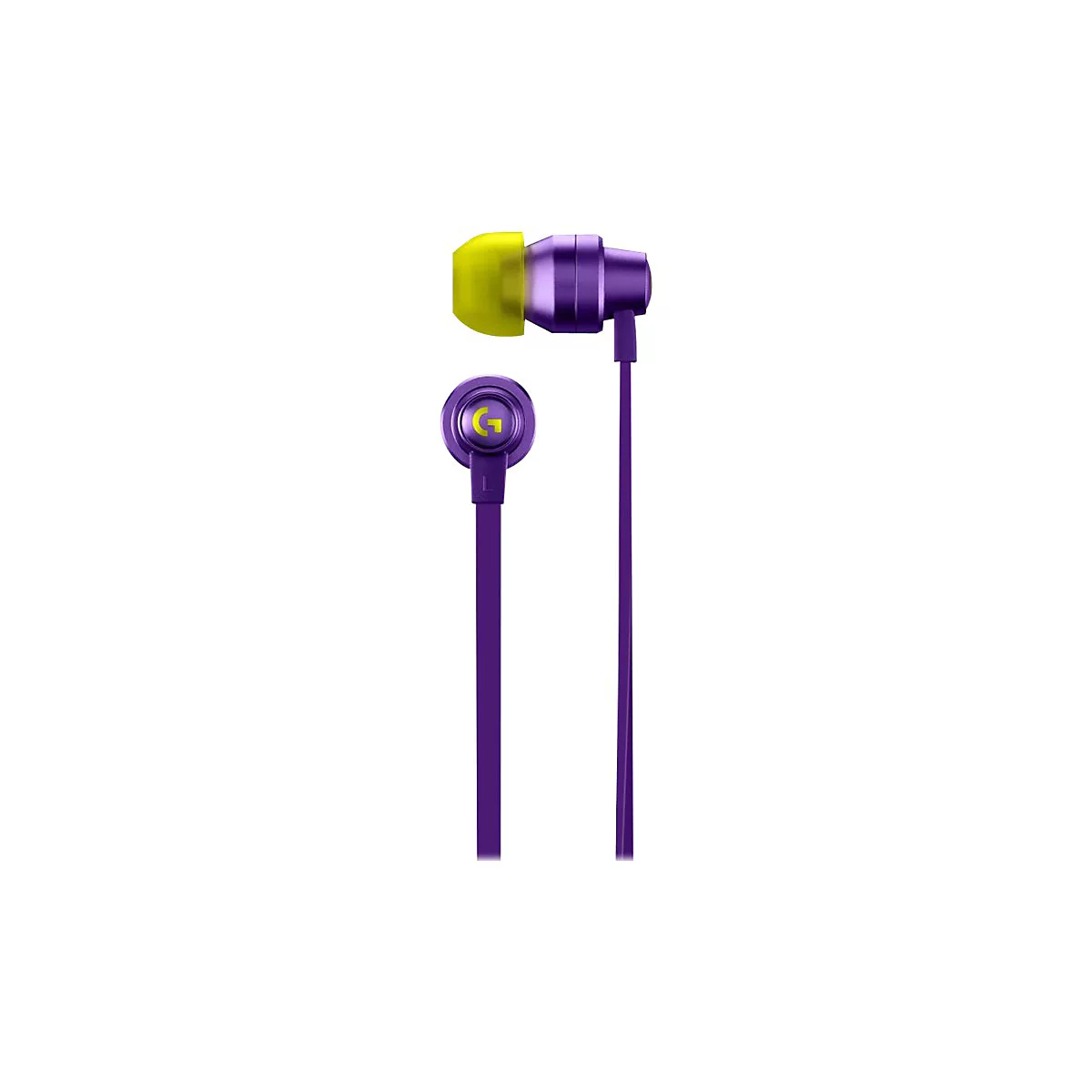 Violette In-Ear-Kopfhörer mit gelbem Ohrstöpsel. Das Logitech-Logo ist zu sehen.