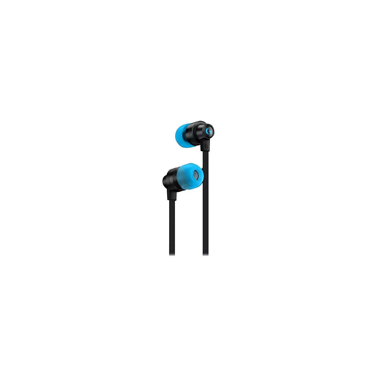 Schwarze In-Ear-Kopfhörer mit blauen Ohrstöpseln. Auf einem der Hörer ist ein G-Logo zu sehen.