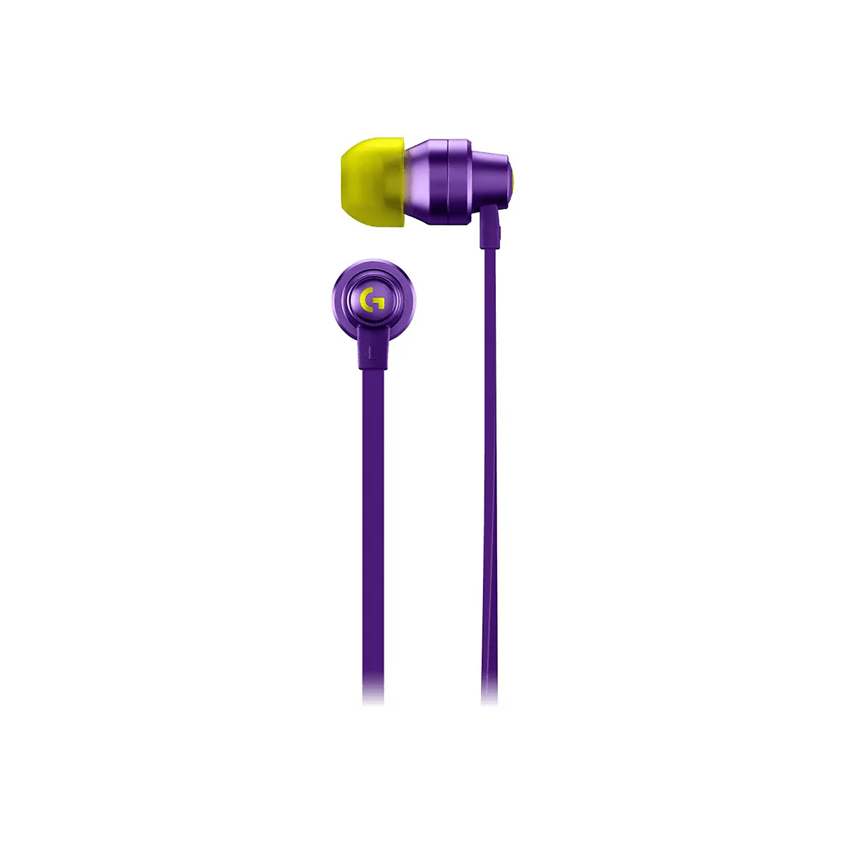 Violette In-Ear-KopfhÃ¶rer mit gelben OhrstÃ¶pseln auf weiÃŸem Hintergrund.