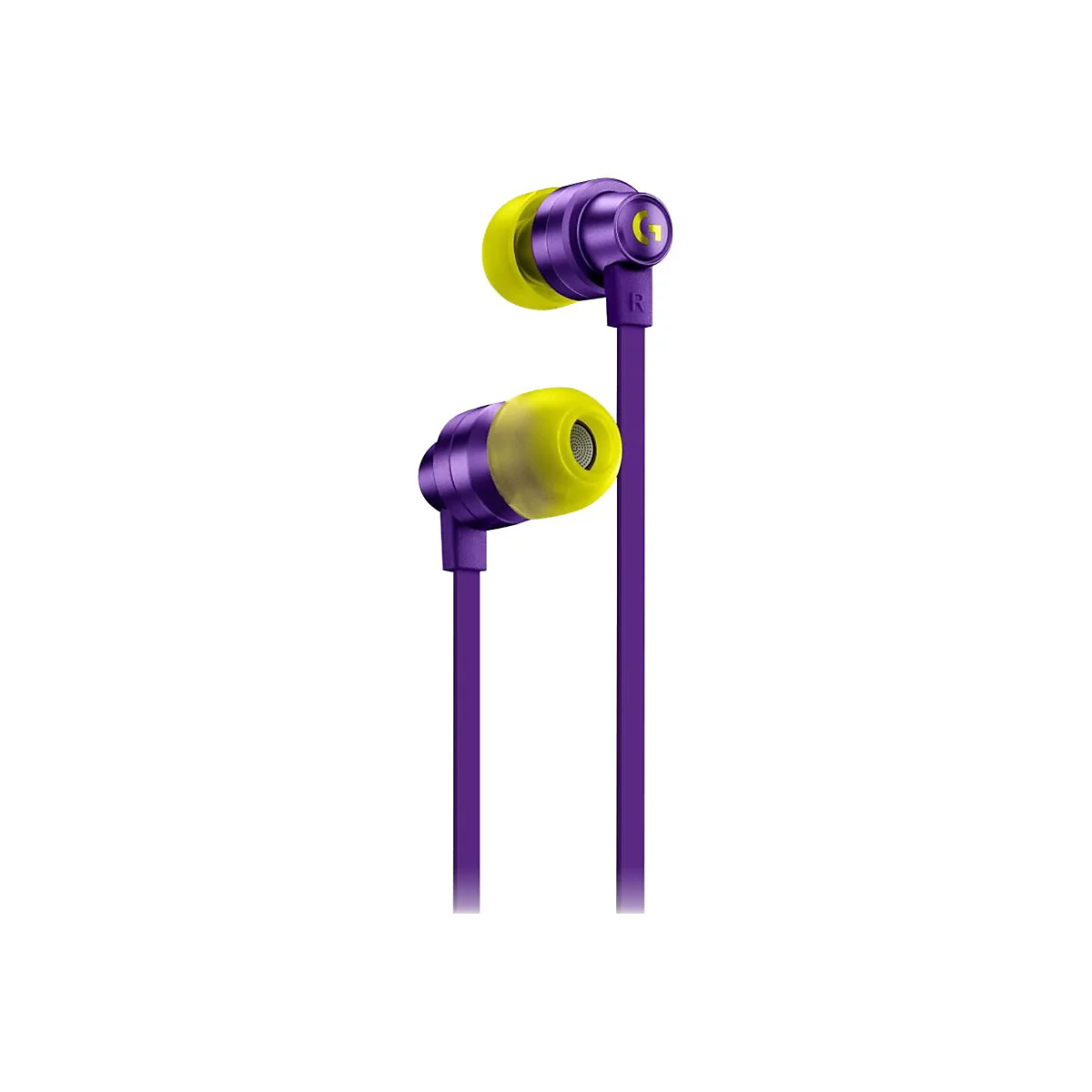 Lilafarbene In-Ear-KopfhÃ¶rer mit gelben OhrstÃ¶pseln. Kabel und GehÃ¤use sind lila.