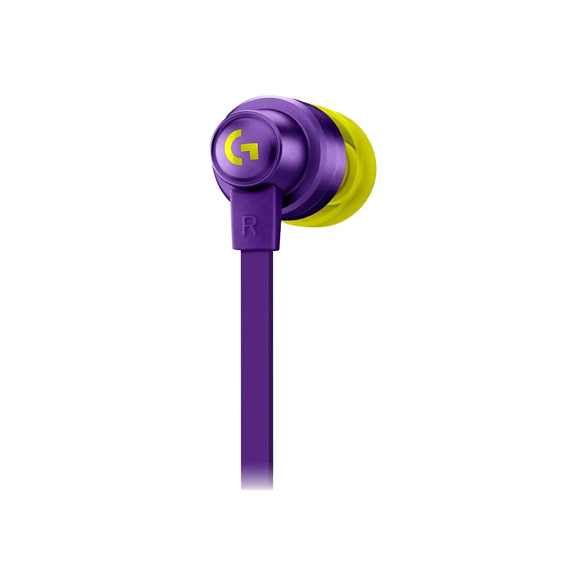 Violette In-Ear-KopfhÃ¶rer. Das Logo und das rechte Ohr sind sichtbar.