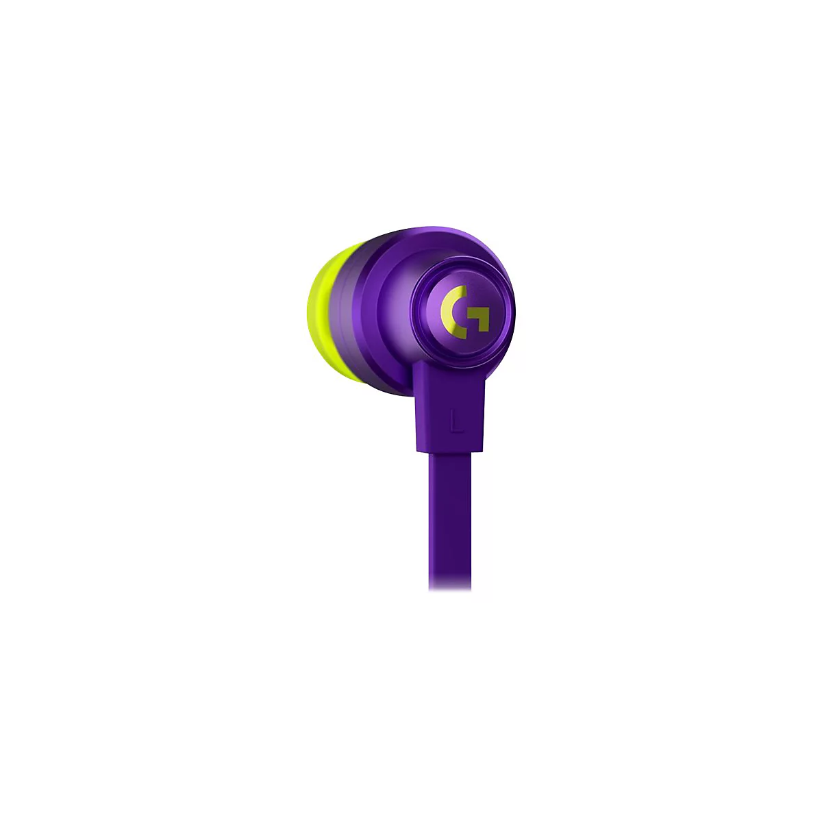 Violette In-Ear-KopfhÃ¶rer mit gelben Akzenten und Logo. Auf der rechten Seite ist ein 'L' fÃ¼r links zu sehen.