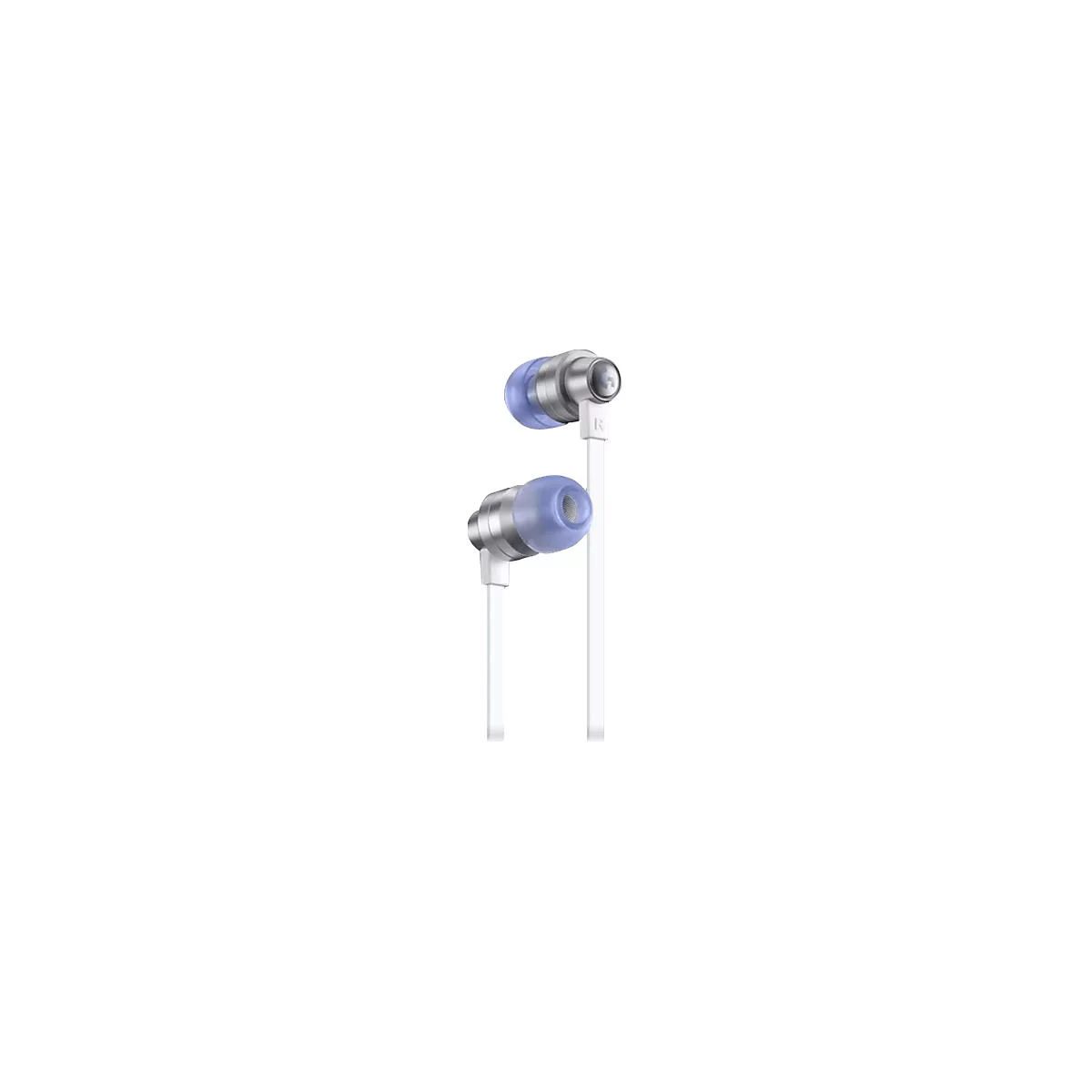 Zwei In-Ear-KopfhÃ¶rer mit silbergrauen MetallgehÃ¤usen, blauen OhrstÃ¶pseln und weiÃŸen Kabeln.
