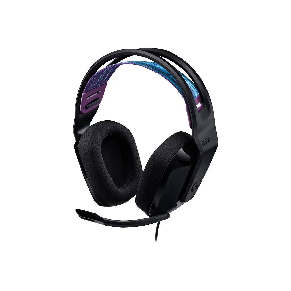 Schwarzes Gaming-Headset mit blau-lila Akzenten, Mikrofon und der Aufschrift G335.