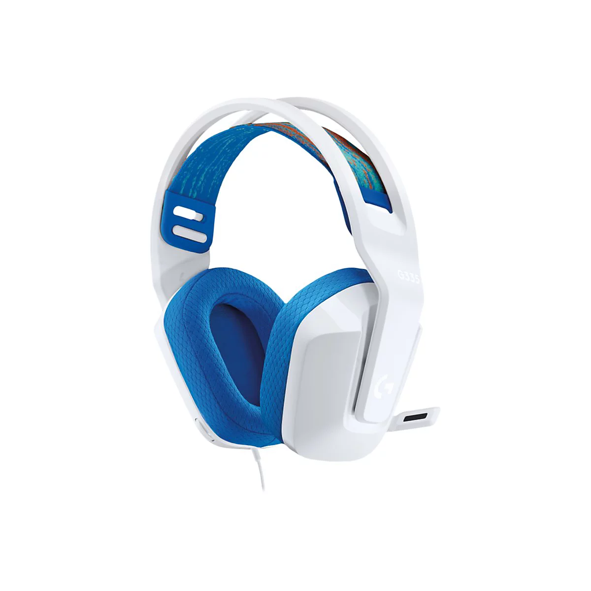 Weißes Gaming-Headset mit blauen Ohrmuscheln und Kopfbügel. Auf dem Bügel ein blaues Muster. Seitlich steht G335.