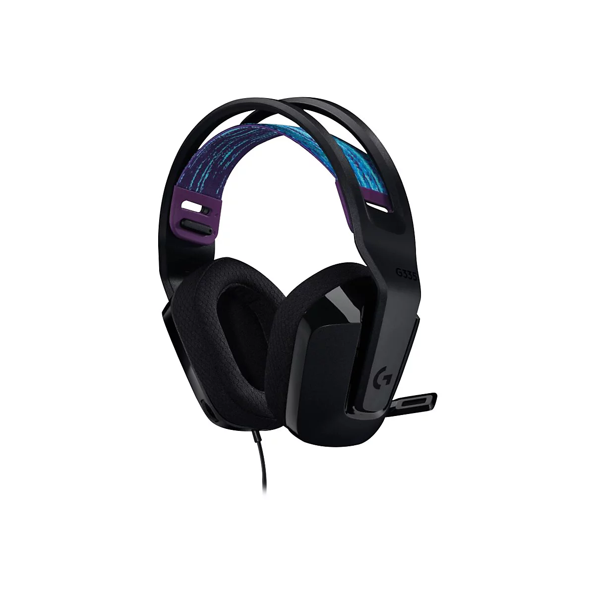 Schwarzes Gaming-Headset mit blau-violettem Kopfband und Mikrofon.