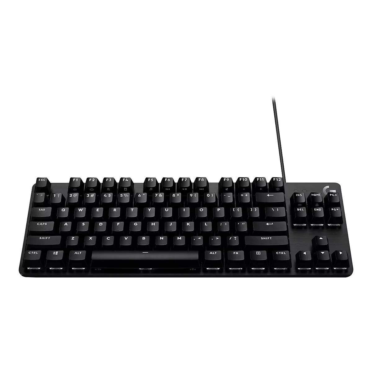 Schwarze Tastatur mit weißen Buchstaben und Kabel. Oben: Funktionstasten. Unten: Buchstaben und Sonderzeichen.