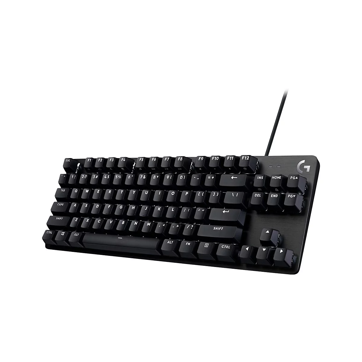 Schwarze mechanische Tastatur, von oben fotografiert, mit beleuchteten Tasten, erkennbar durch das G-Logo.