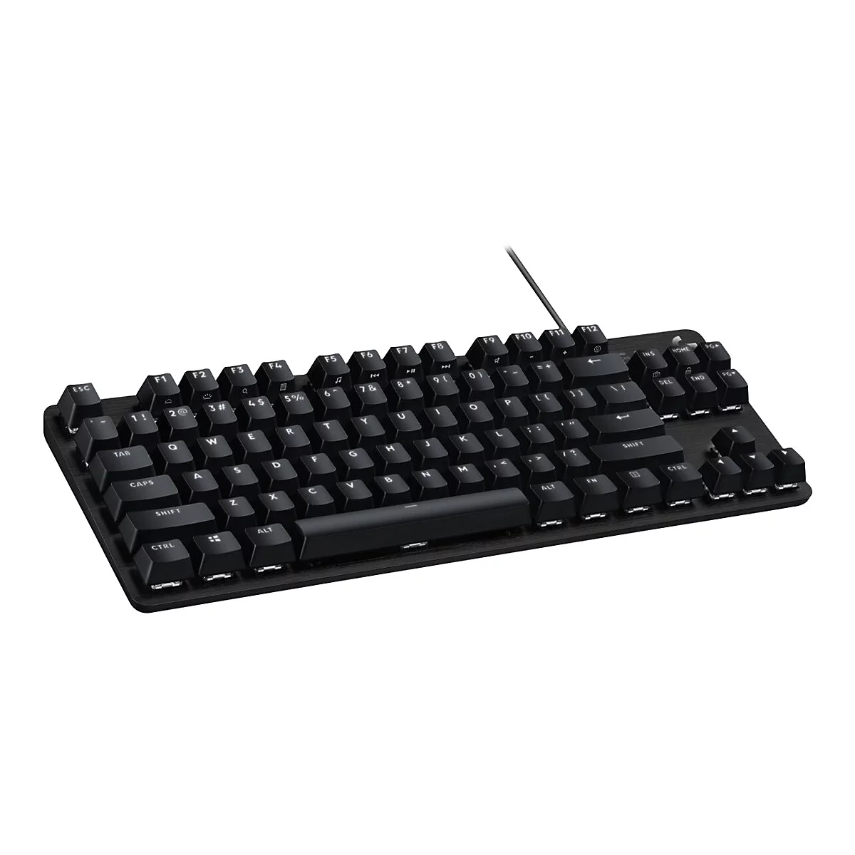Schwarze Tastatur mit weißen Tasten. Buchstaben, Zahlen und Sonderzeichen sind deutlich lesbar. Ein Kabel ist angeschlossen.