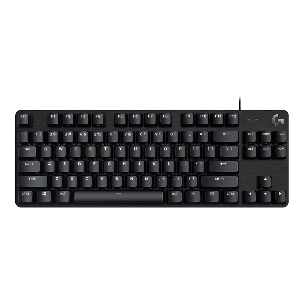 Schwarze mechanische Tastatur, von oben fotografiert. Tasten sind beschriftet, mit Buchstaben, Zahlen und Sonderzeichen. Logo 'G' rechts oben.