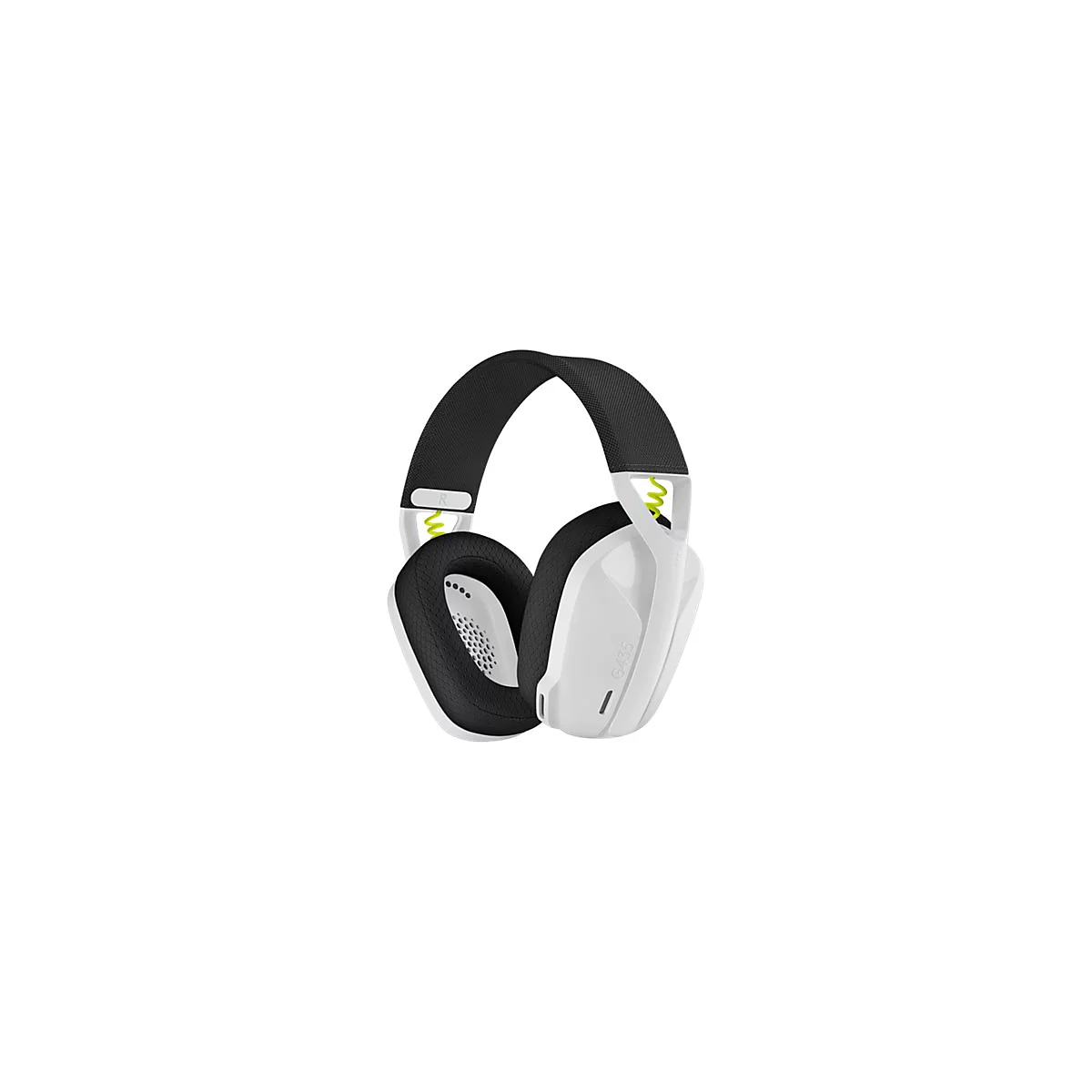Casque blanc, bandeau noir, touches de vert. "G435" est écrit sur un écouteur.