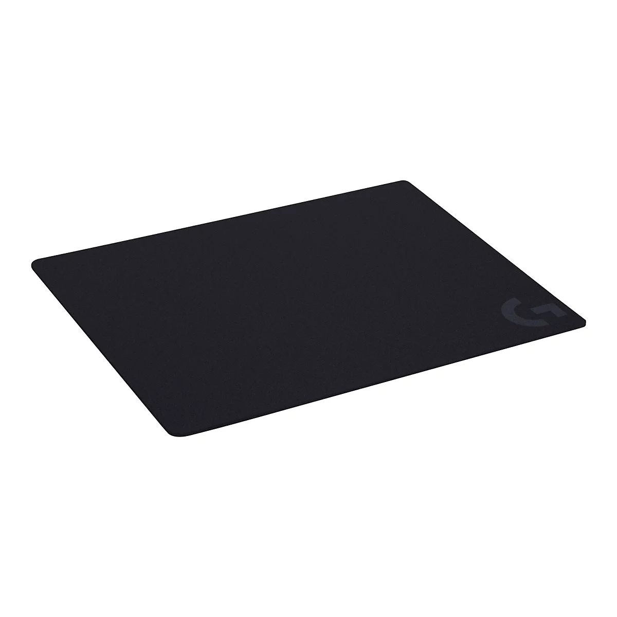 Schwarzes Mauspad mit dem Logitech-Logo.