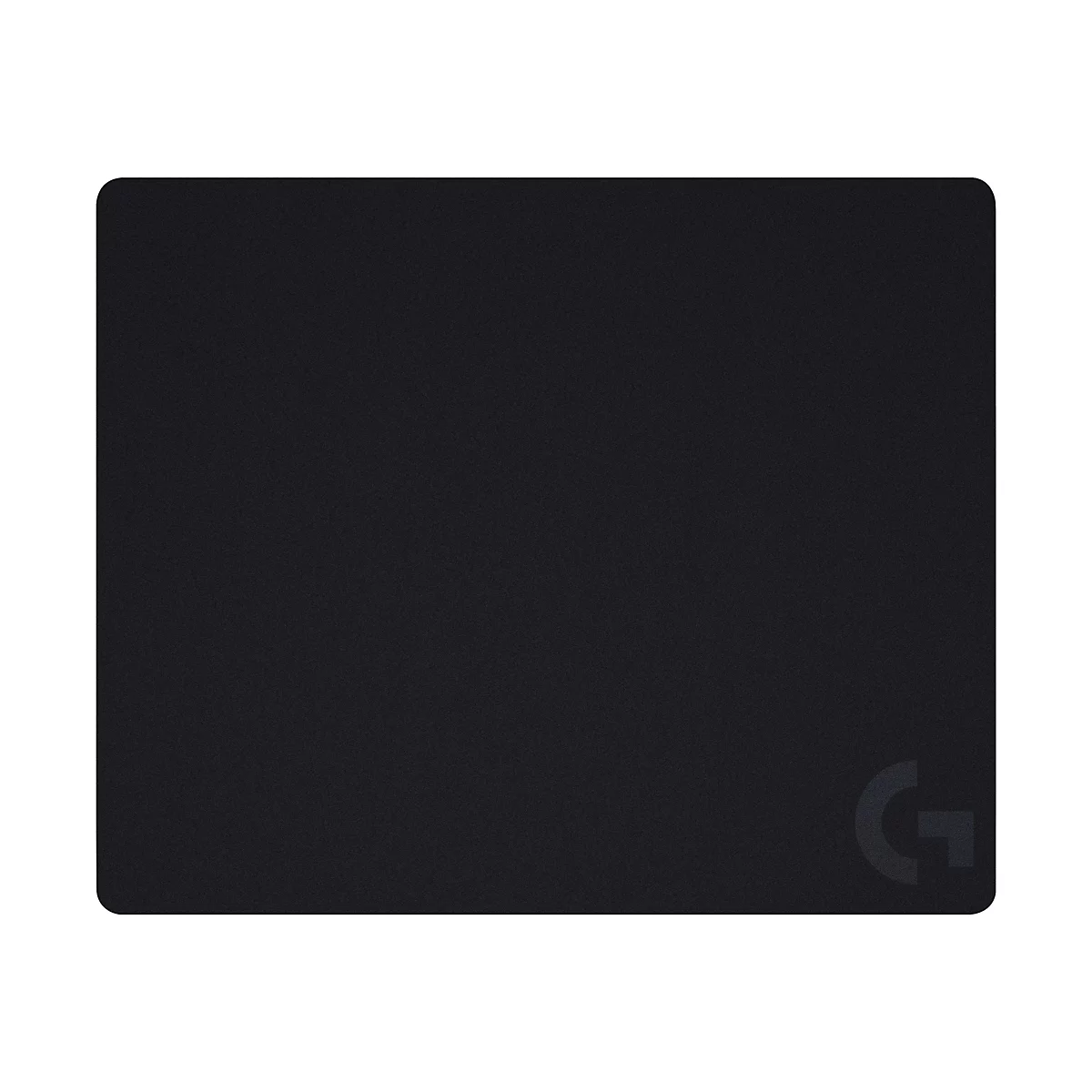 Schwarzes Mousepad mit abgerundeten Ecken. Unten rechts das Logo "G".