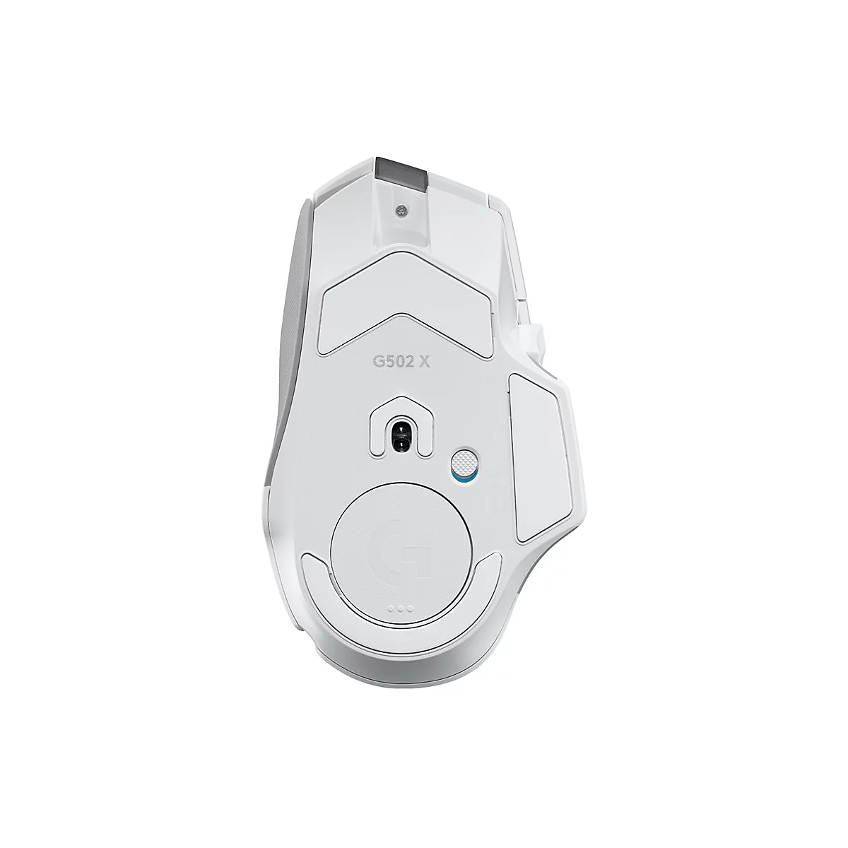 Souris de jeu blanche G502 X, vue de dessus. Avec logo 'G' et divers boutons.