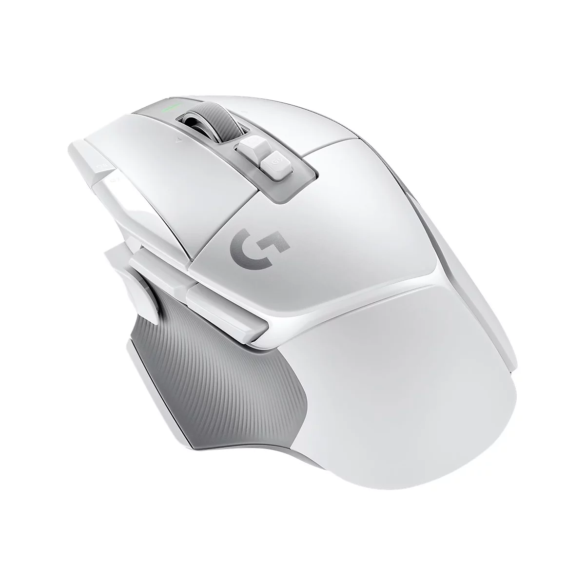 Souris de jeu sans fil blanche avec logo Logitech G, molette et boutons latéraux, isolée sur fond blanc.