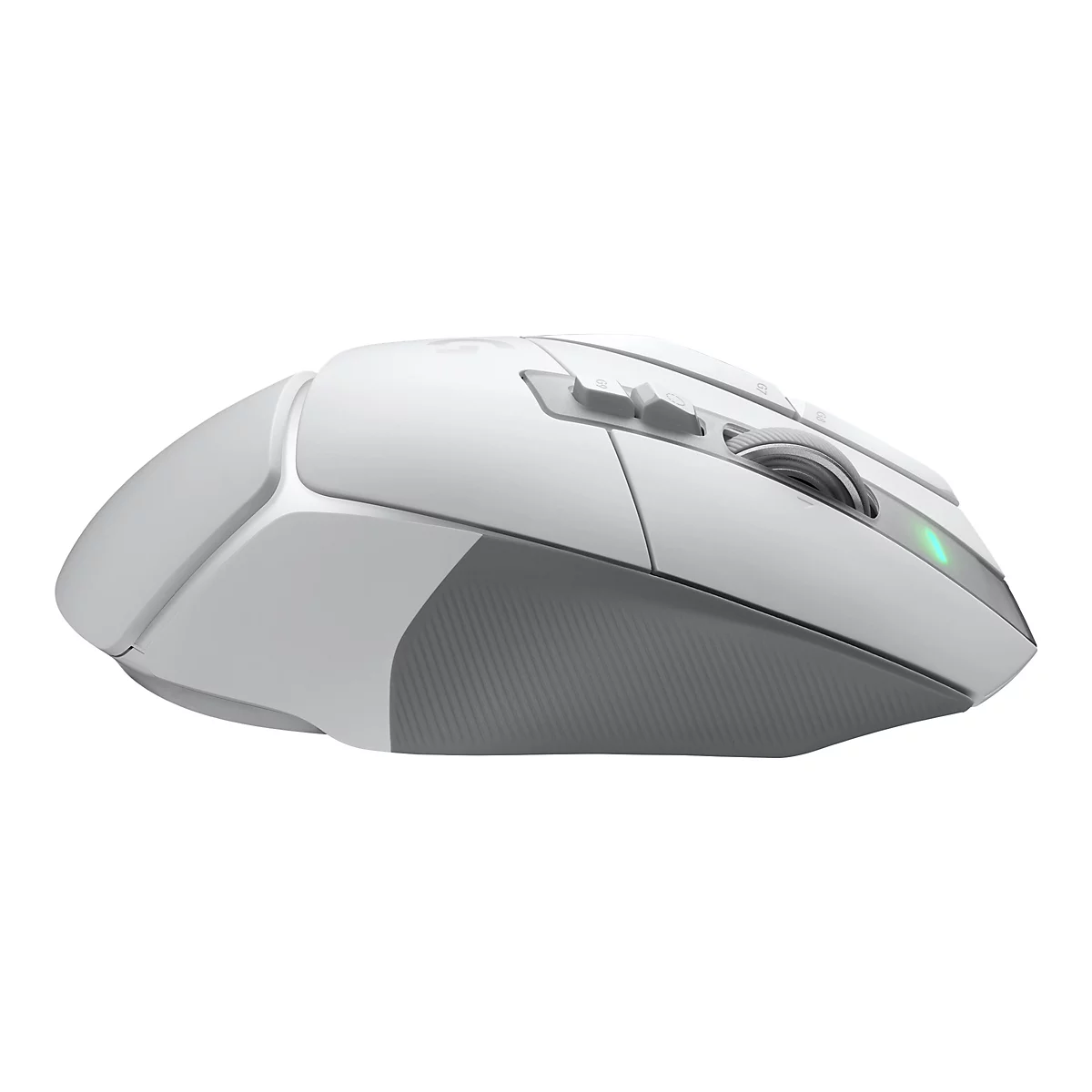 Souris de jeu blanche de Logitech, vue latérale. Accents gris et LED bleue.