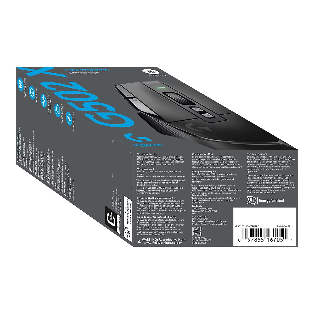 Eine schwarze Logitech G502X Gaming-Maus, die auf einer grauen Verpackung abgebildet ist. Auf der Verpackung sind blaue SchriftzÃ¼ge und Produktdetails zu sehen.