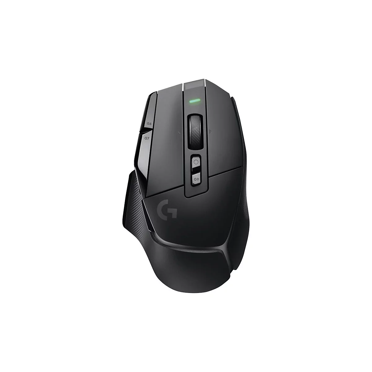 Schwarze Gaming-Maus mit Logo, Scrollrad, Tasten, und Licht. Auf weiÃŸem Hintergrund.