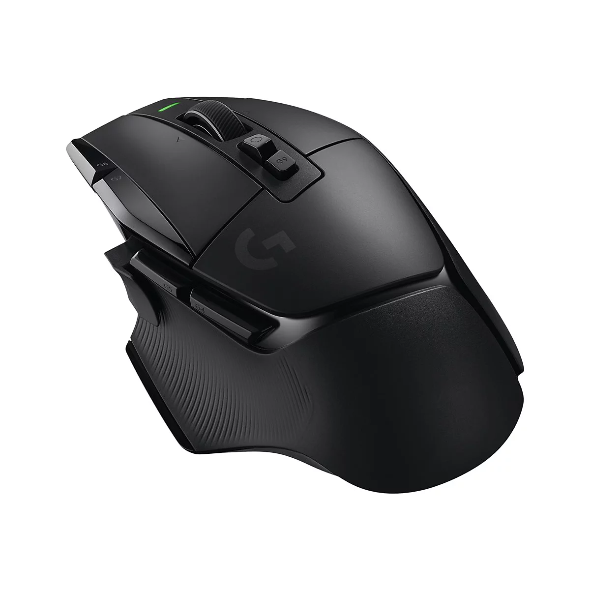 Schwarze Gaming-Maus von Logitech, G-Logo, mehrere Tasten, ergonomisches Design.
