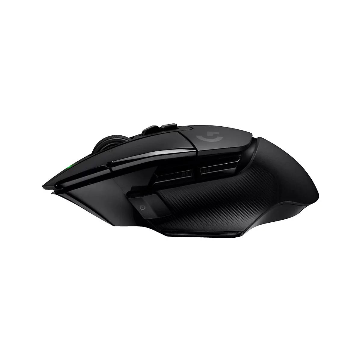 Schwarze Gaming-Maus mit verschiedenen Tasten und dem G-Logo.
