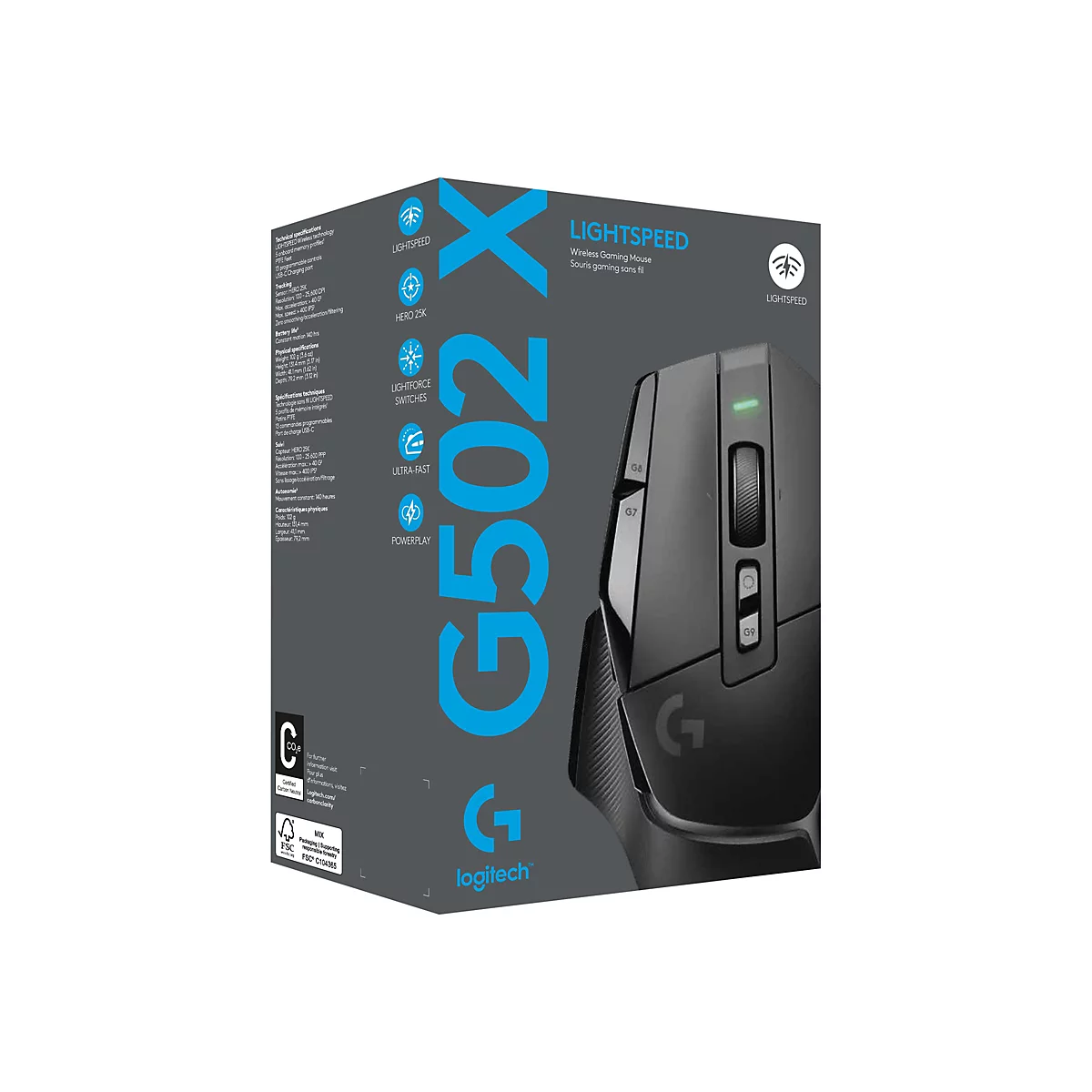Produktabbildung: Logitech G502 X LIGHTSPEED Gaming-Maus auf einer Box. Schwarz, mit Logo und Produktinformationen.