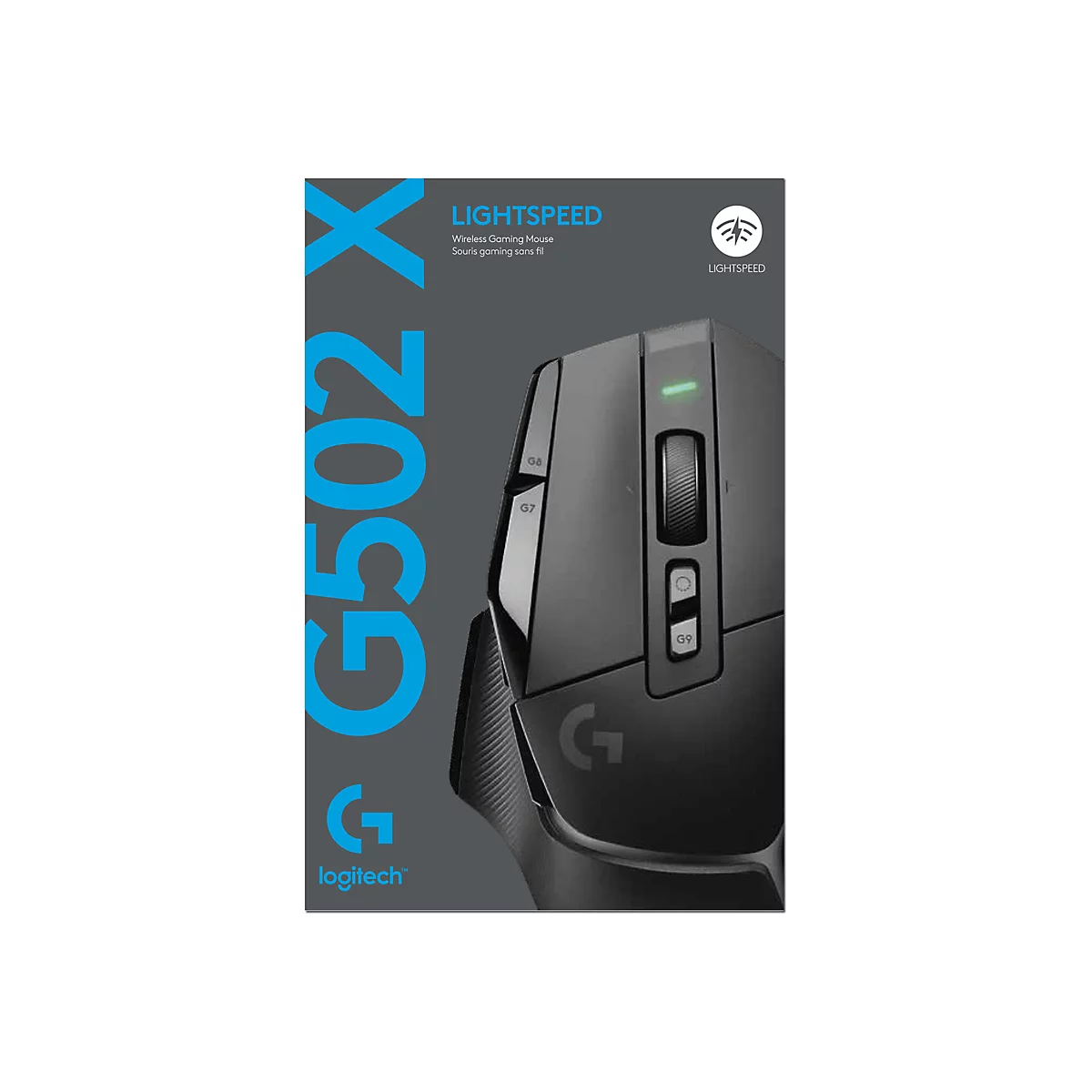 Schwarze Logitech G502 X Maus. Produktabbildung, mit Logo, Produkttypbezeichnung und LIGHTSPEED-Funktion.