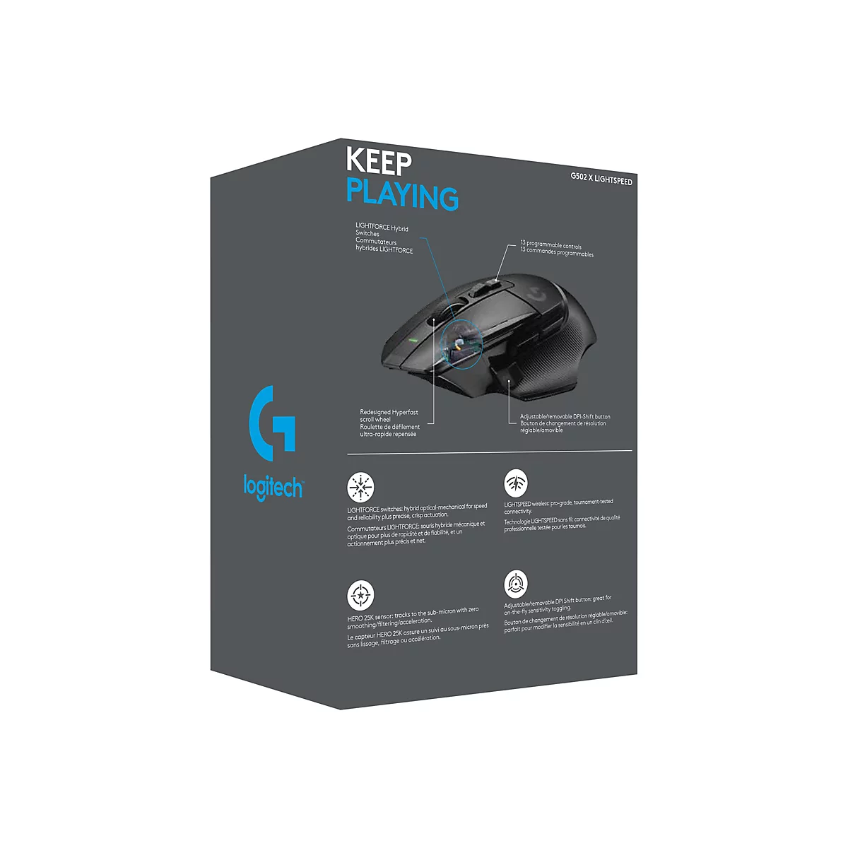 Schwarze Logitech Gaming Maus auf der Verpackung. Text: KEEP PLAYING, Logitech G.