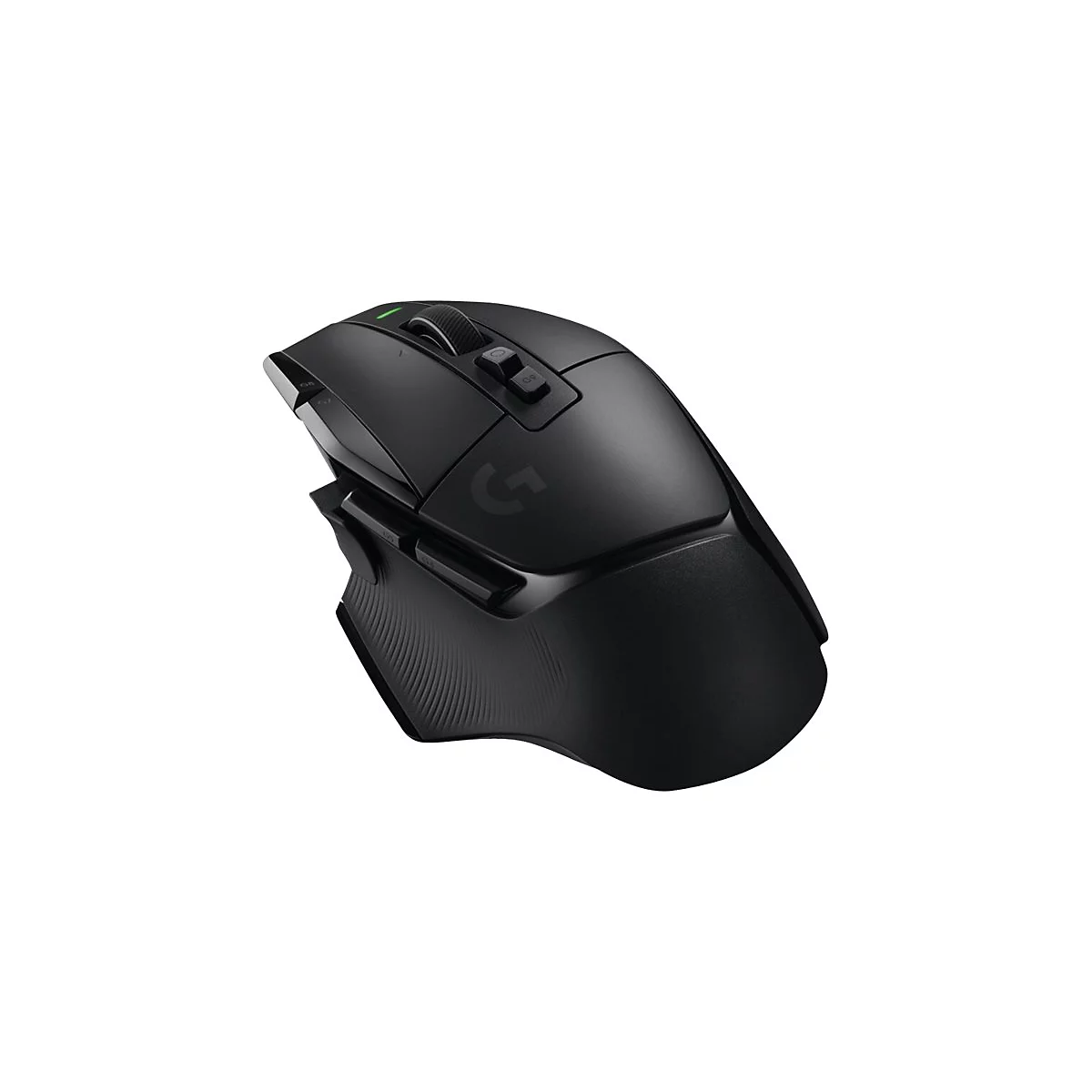 Schwarze Gaming-Maus, leicht von oben fotografiert. Mit zwei zusÃ¤tzlichen KnÃ¶pfen, einem Mausrad und dem Logitech G-Logo.