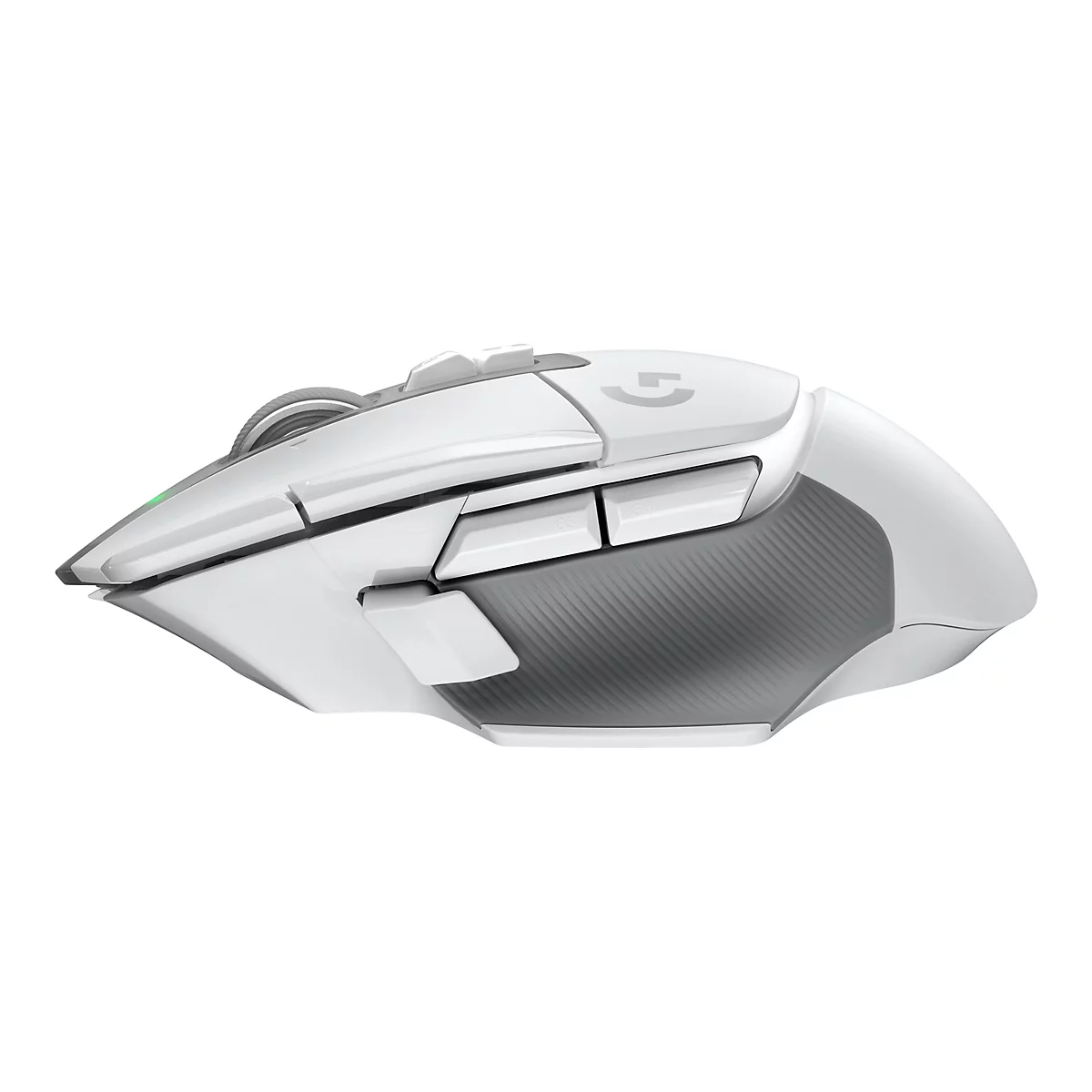 WeiÃŸe Gaming-Maus mit mehreren Tasten und Logo, leicht schrÃ¤g von der Seite fotografiert.