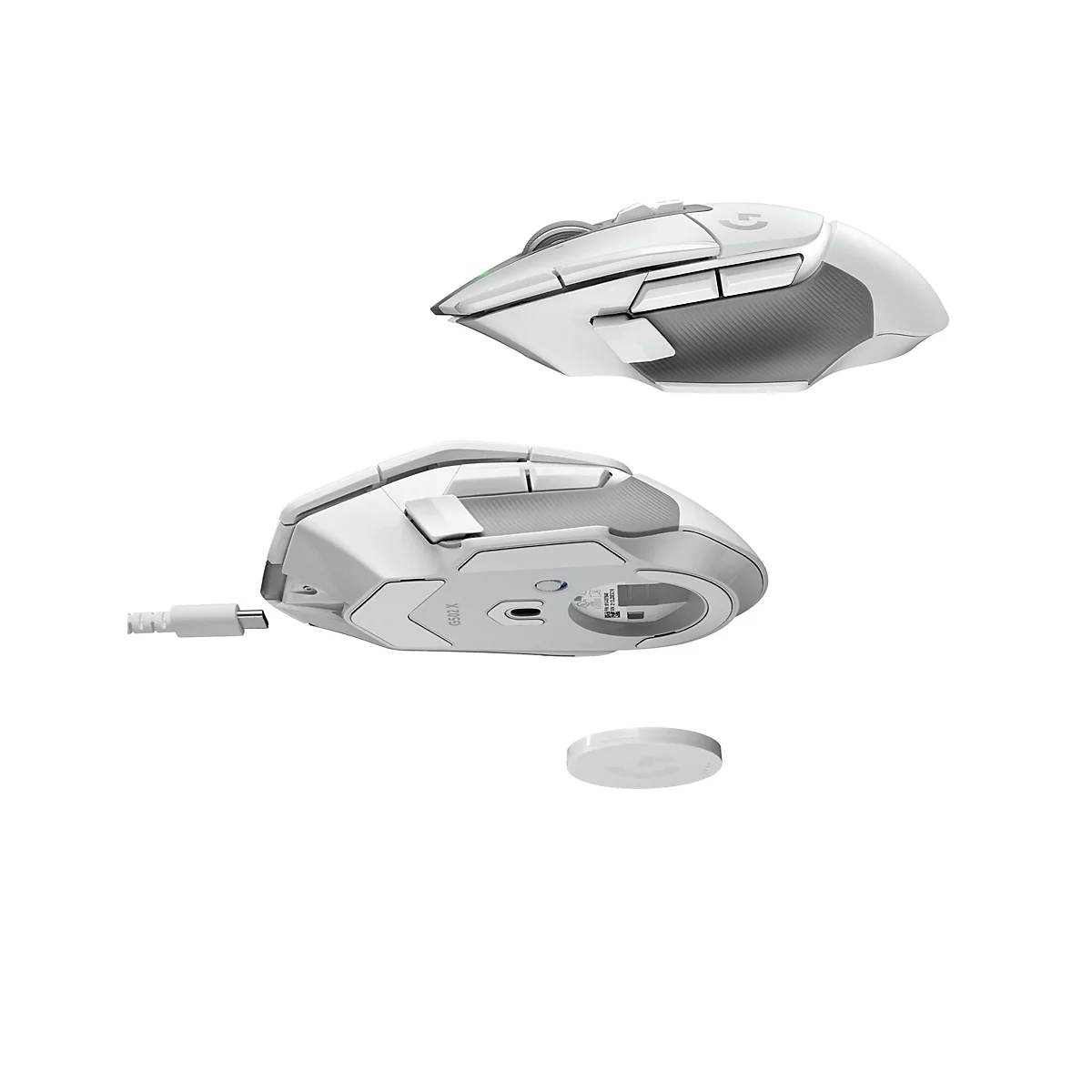 Kabellose Gaming-Maus in WeiÃŸ. Verschiedene Perspektiven, die Komponenten zeigen. Dazu gehÃ¶ren Ladekabel, Ladestation und Maus selbst.