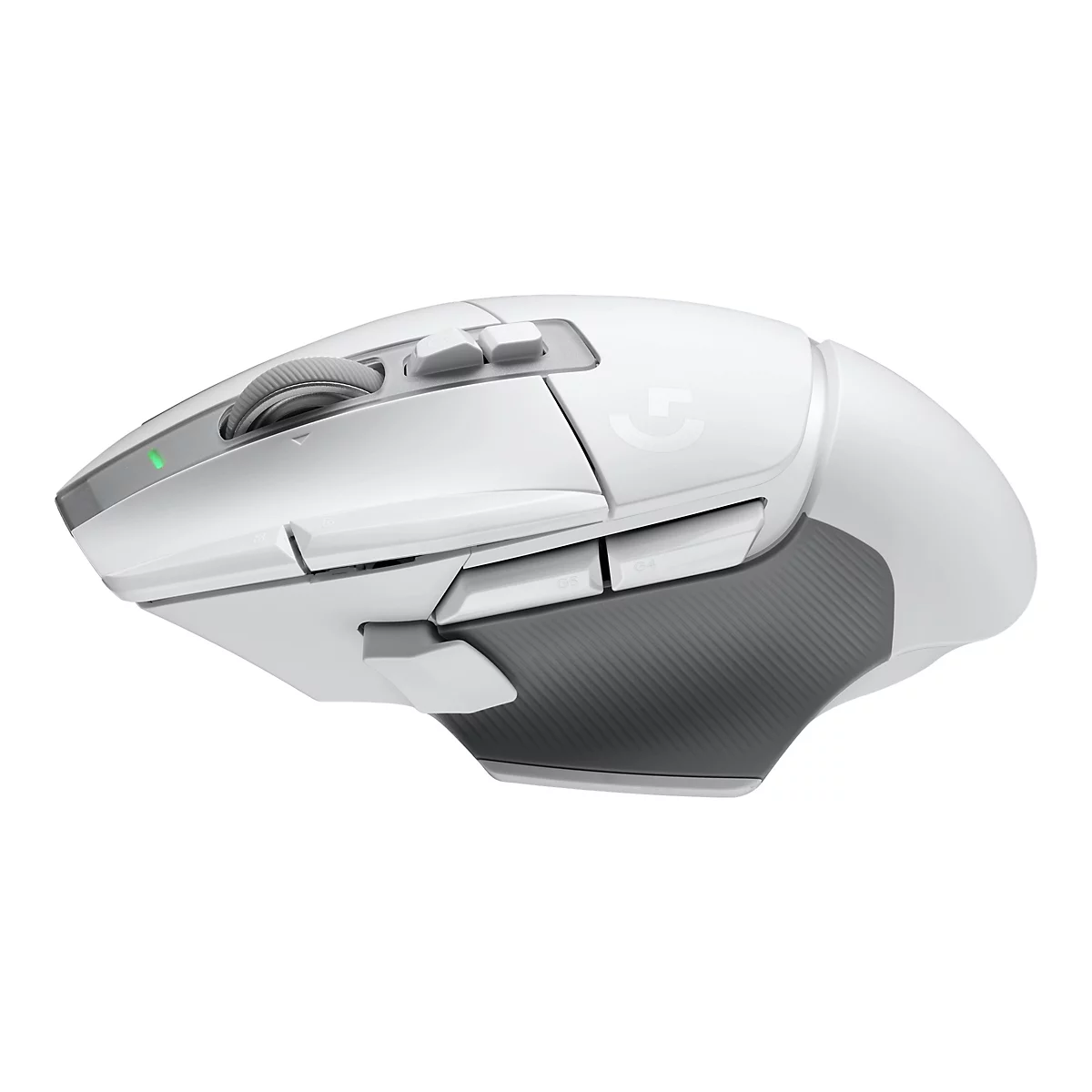 WeiÃŸe Computermaus mit grauen Akzenten. Auf der Seite befinden sich Zusatztasten. Deutlich ist das Logitech-Logo zu erkennen.