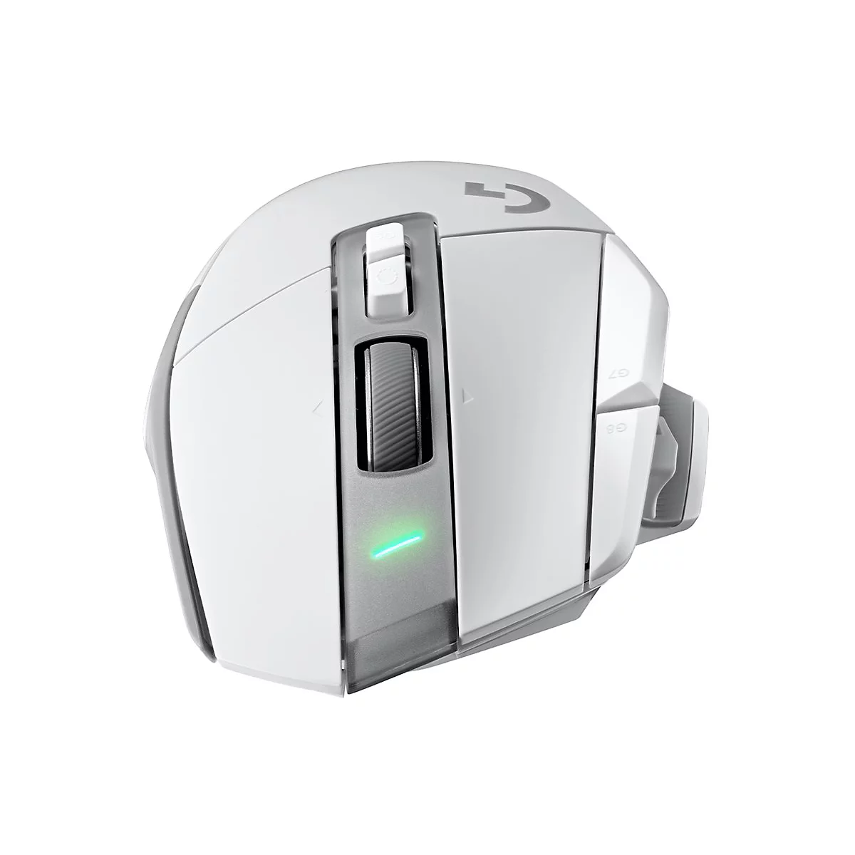WeiÃŸe Gaming-Maus, beleuchtet, Logitech-Logo.