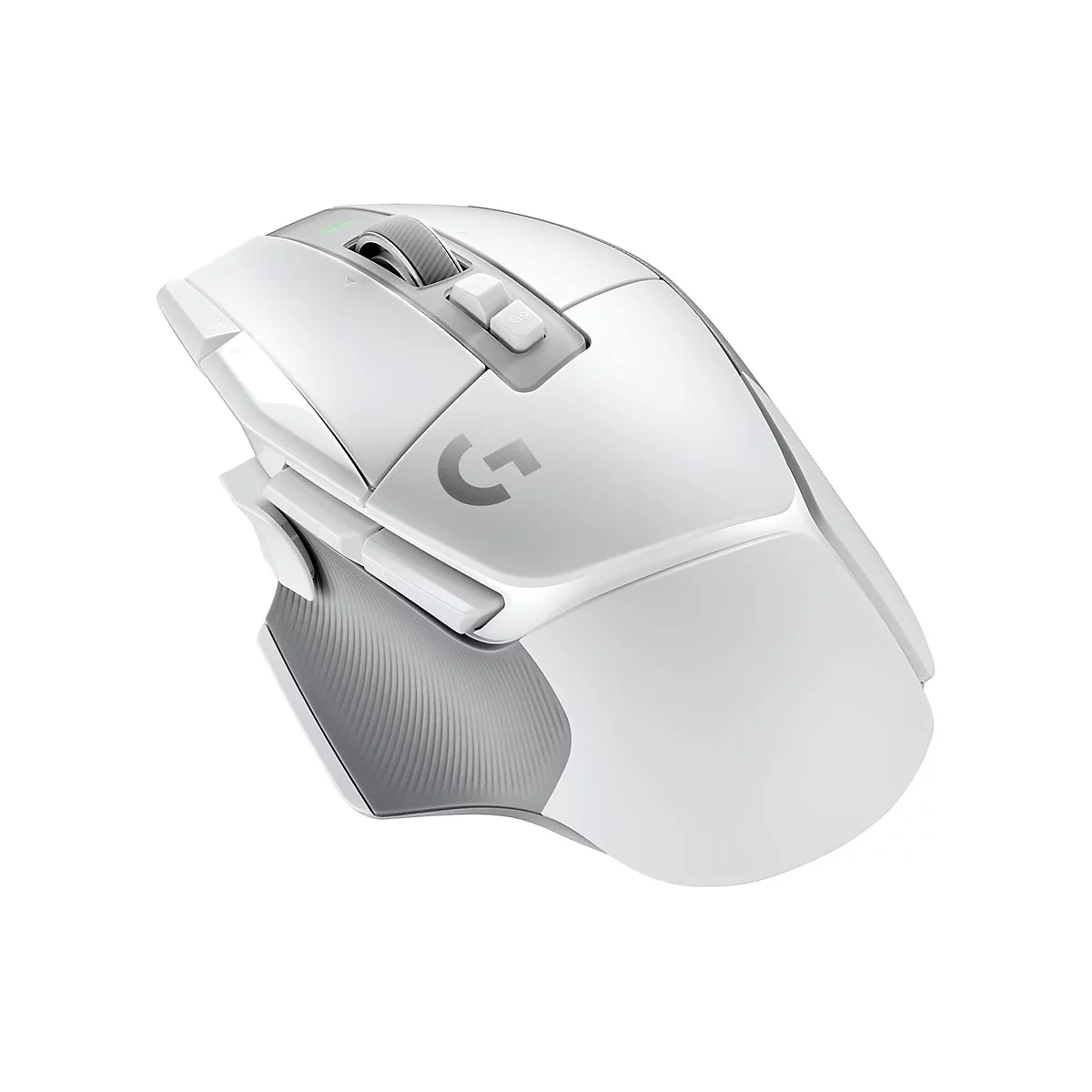 Eine weiÃŸe Gaming-Maus von Logitech. Die Maus hat ein graues Scrollrad und das Logo G.