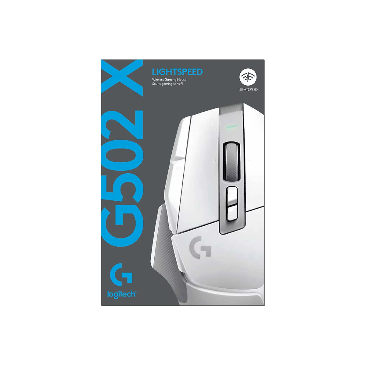 Weisse Logitech G502 X Lightspeed Gaming Maus, blau-grauer Hintergrund, Logo und Schriftzug.