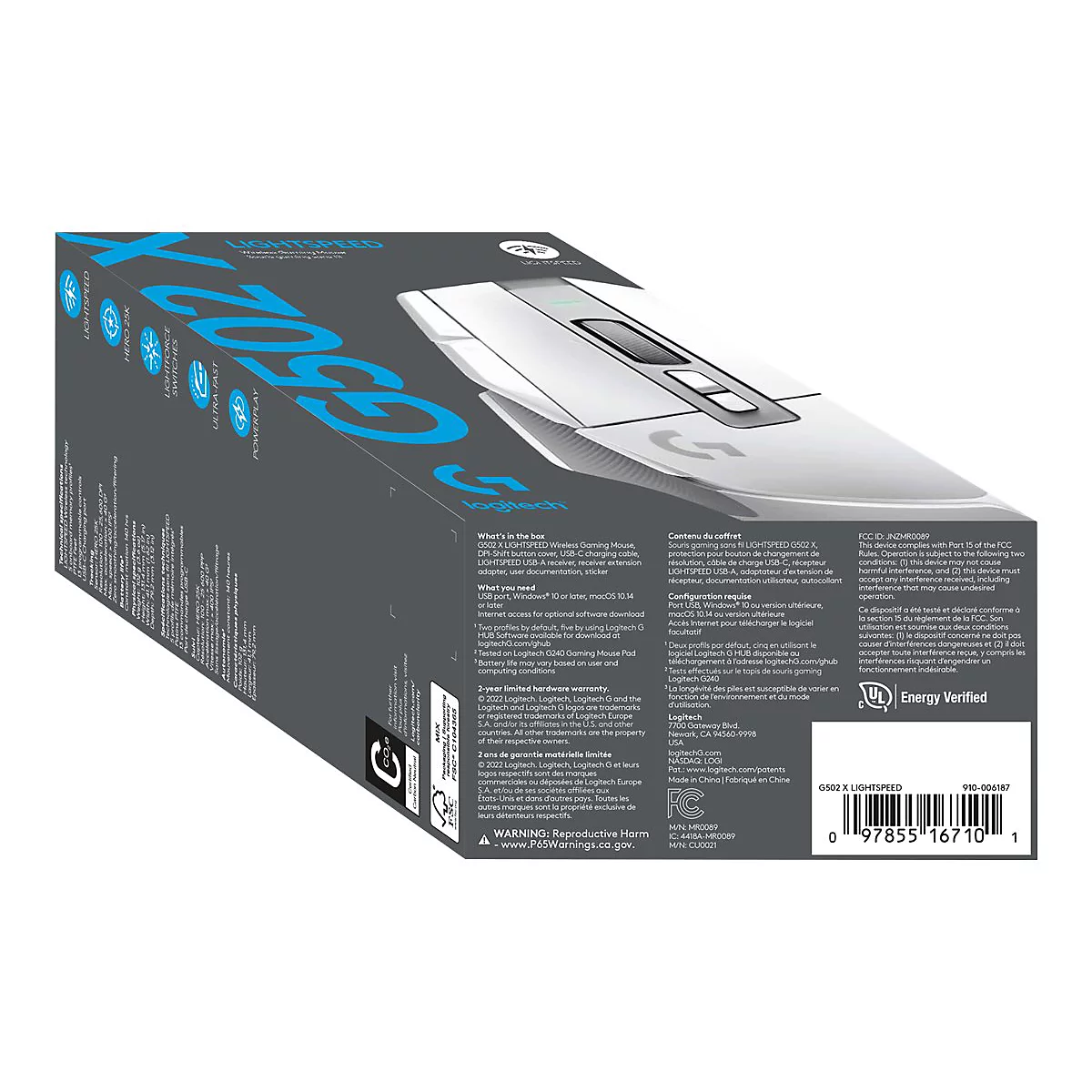 Eine graue Box mit einer weiÃŸen Logitech G502 X Maus. Die Verpackung ist mit Produktdetails und Logos bedruckt.