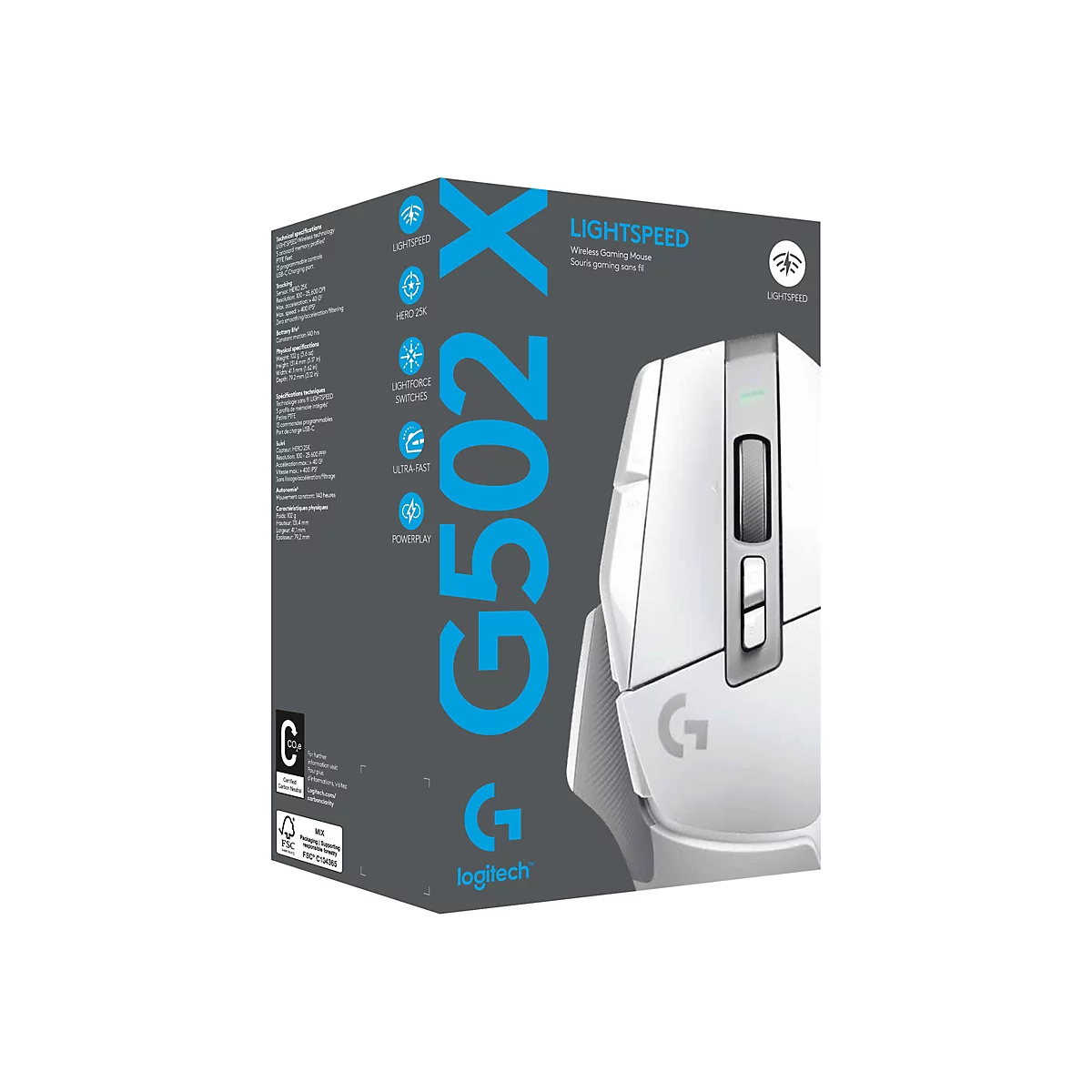WeiÃŸe Logitech G502 X LIGHTSPEED Gaming Maus auf einer Verpackung, die mit dem Produktnamen und Markennamen versehen ist.