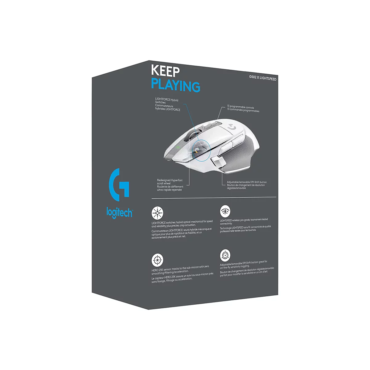 Hellgraue Logitech-Maus, hervorgehoben auf einer grauen Schachtel mit Details. Aufschrift: Keep Playing.