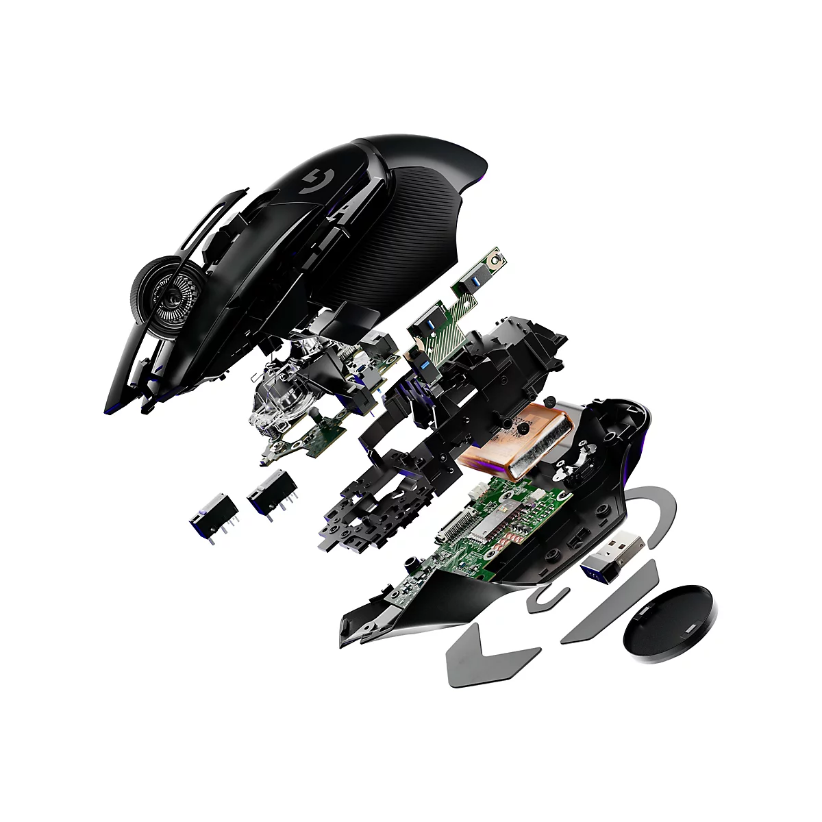 Explosionszeichnung einer schwarzen Gaming-Maus mit zerlegten Einzelteilen, wie Leiterplatten und Batterien.