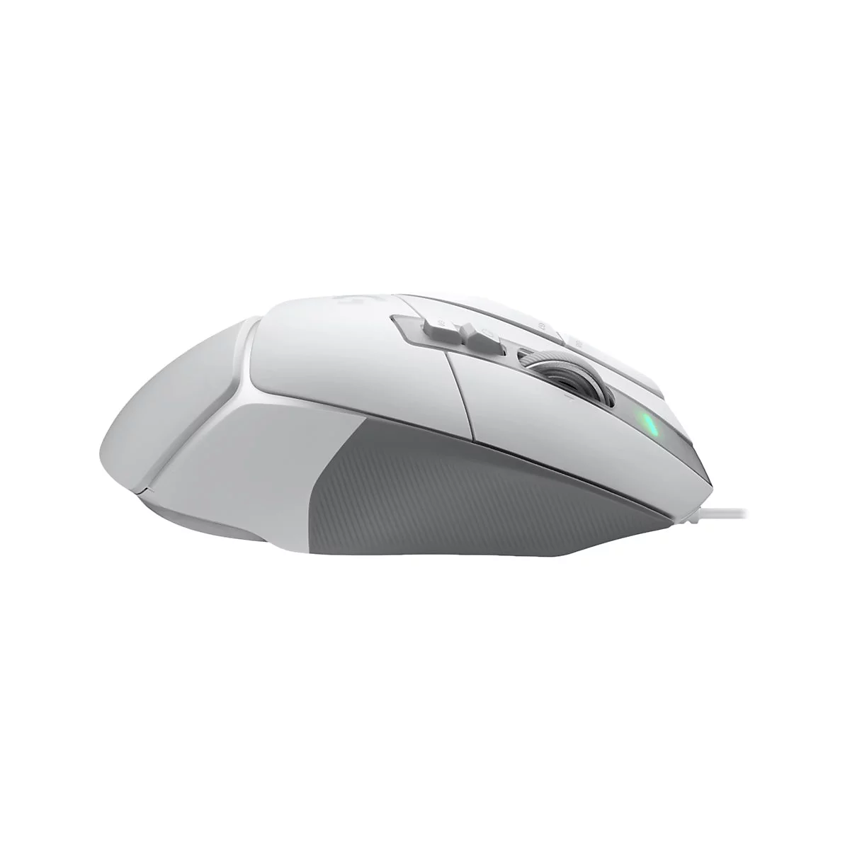 Hellgraue Computermaus mit seitlichen Tasten und Scrollrad. Das Design ist modern, und der Hintergrund ist weiß.