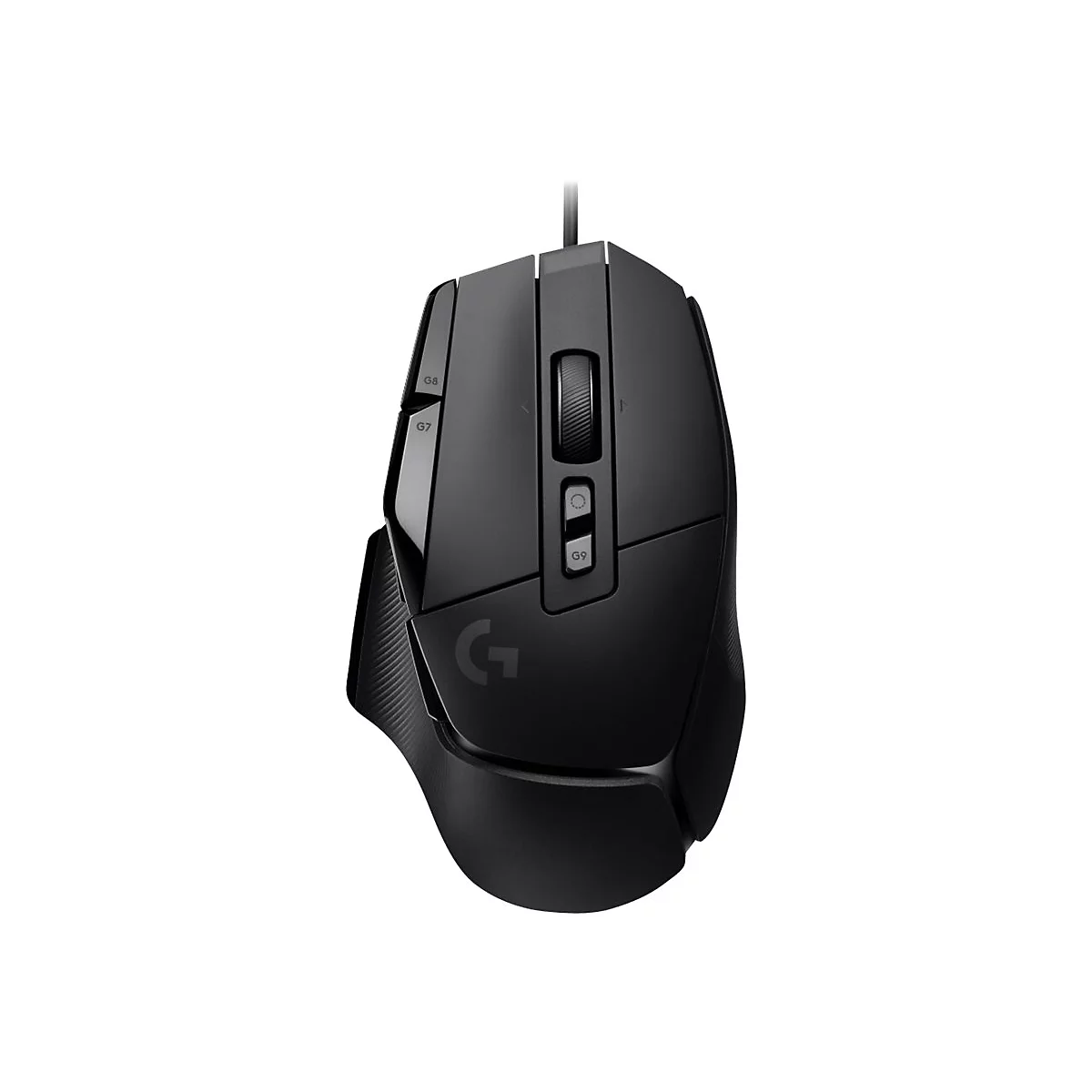 Schwarze Gaming-Maus mit Logo G, Scrollrad und zusÃ¤tzlichen Tasten. Auf weiÃŸem Hintergrund.