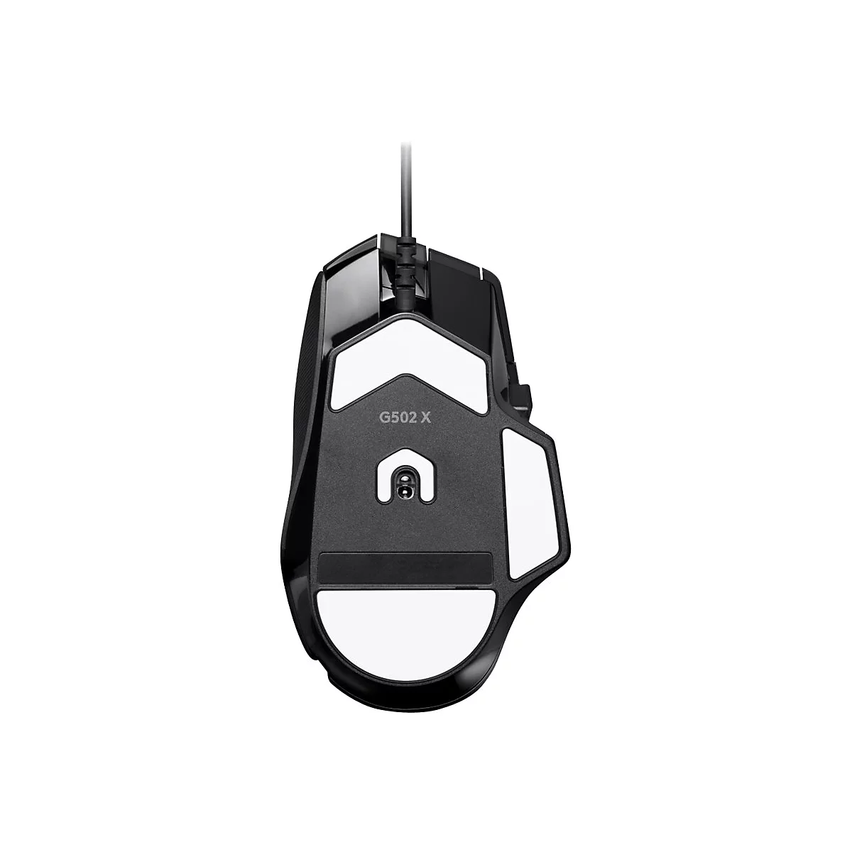 Schwarze Gaming-Maus von unten gesehen, mit weiÃŸem Logo und Aufschrift G502 X.