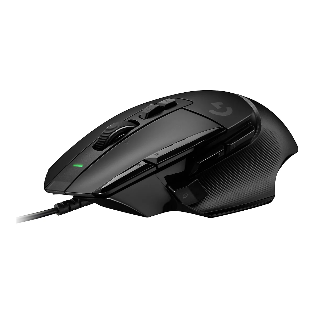 Schwarze Gaming-Maus mit Kabel, mehreren Tasten und Logo.