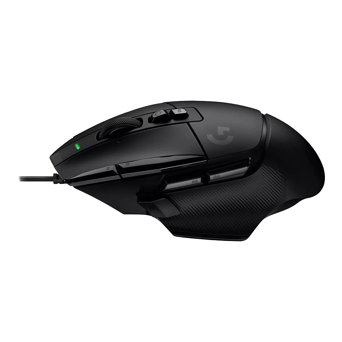 Schwarze Gaming-Maus mit mehreren Tasten, Kabel, grÃ¼nes Licht. Das Logo ist zu sehen.