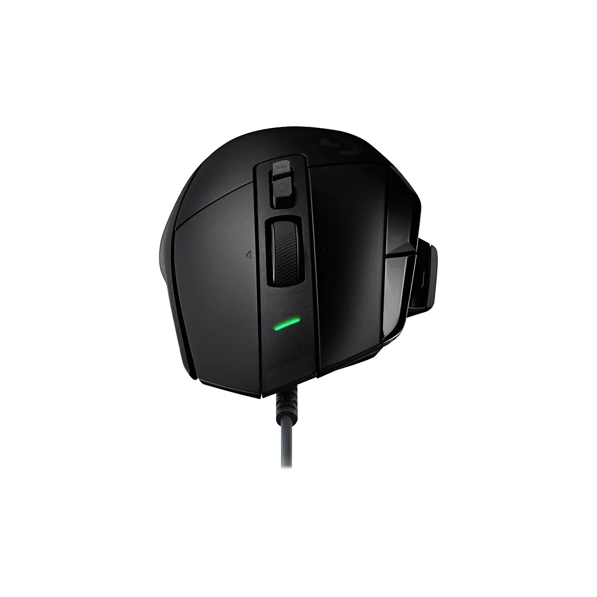 Schwarze Gaming-Maus mit Seitentasten, Scrollrad und grÃ¼nem Licht.